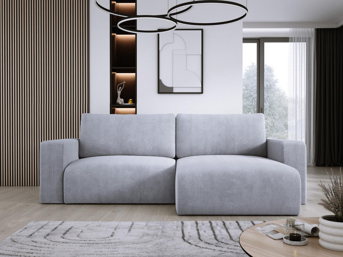 ECKSOFA Carl L-förmig Schlaffunktion und Bettkasten weicher Cordstoff flexibel stellbar lose Rückenkissen freistehend RECHTS 247x143x83cm Silver - Silberfarben, Holz/Textil (247/143cm) - DomoHome