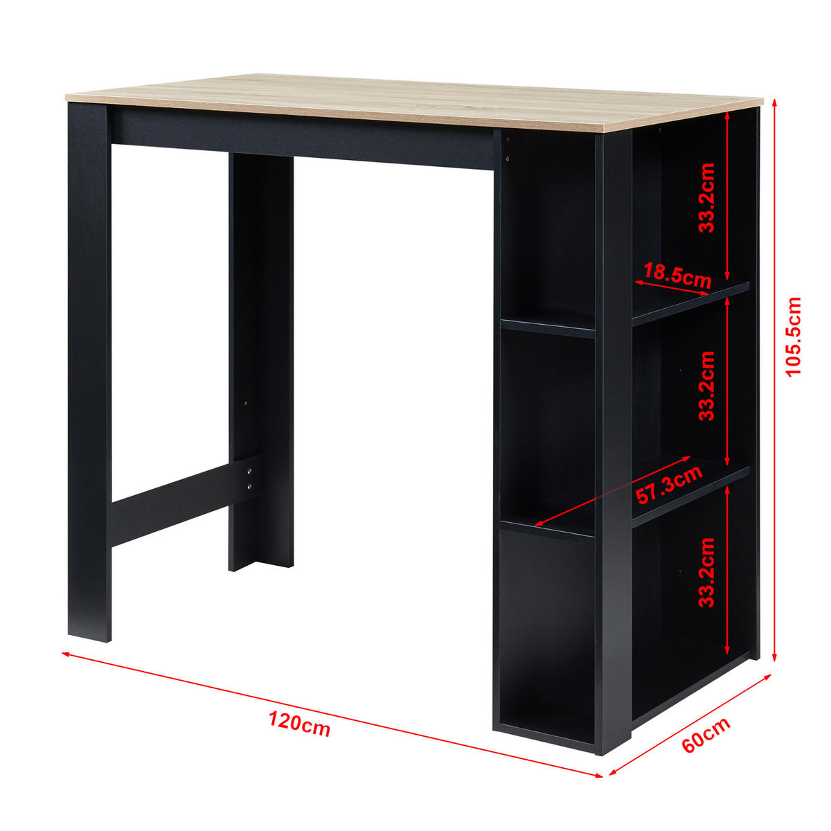 BAROVÝ STŮL Danderyd - černá/barva dubu, kompozitní dřevo (60/120/105.5cm) - [en.casa]
