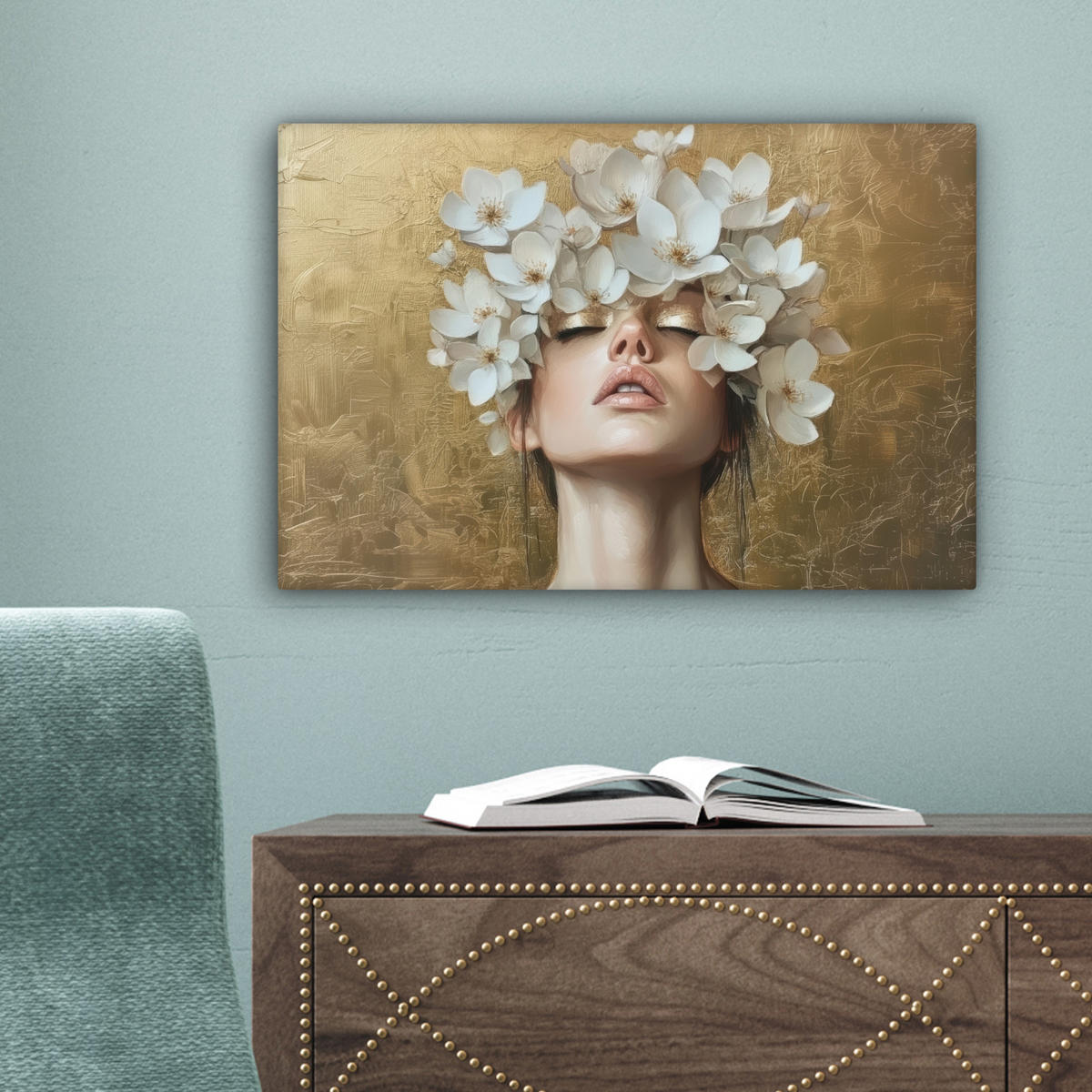 LEINWANDBILD Gesicht - Blumen - Gold - Abstrakt Deko Schlafzimmer 30x20 cm - Goldfarben, Textil (30/20cm) - MuchoWow