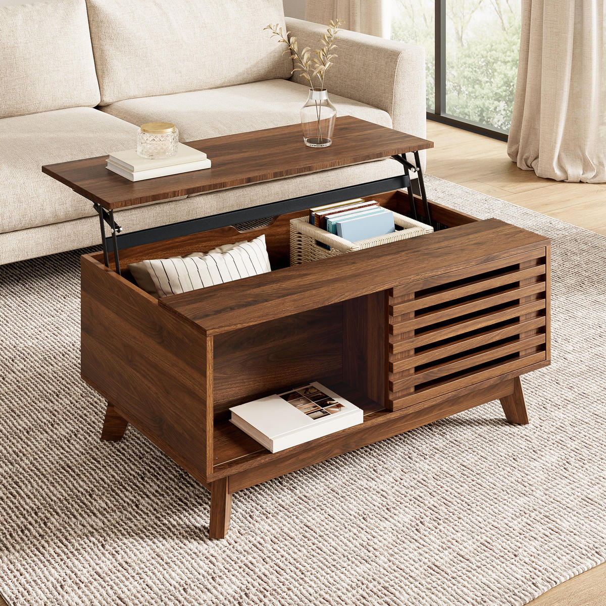 COUCHTISCH aus MDF 90x55x57,5 cm in Nussbaum mit höhenverstellbarer Platte - Nussbaumfarben, Holzwerkstoff (90/55/57.5cm) - Modfu