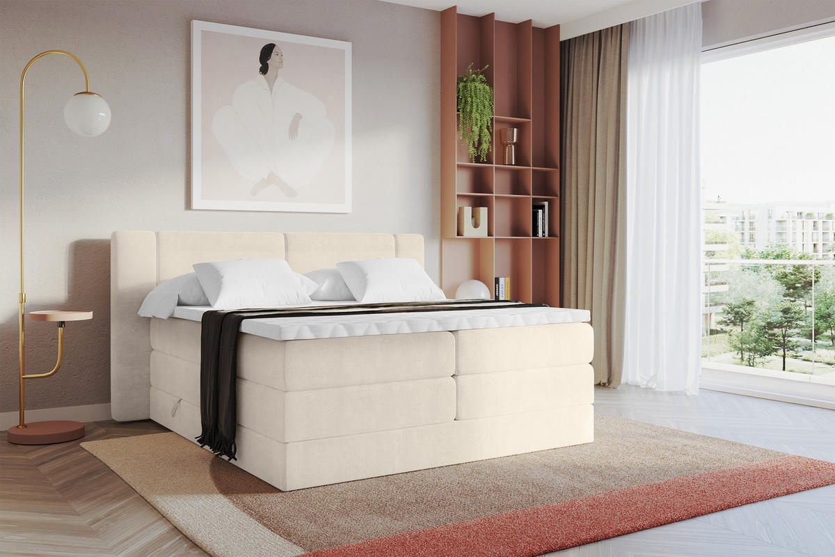 BOXSPRINGBETT mit Matratze H3/H4 - EVON KING - 140x200 cm Beige - Champagner, Holzwerkstoff (140/200cm) - ALTDECOR