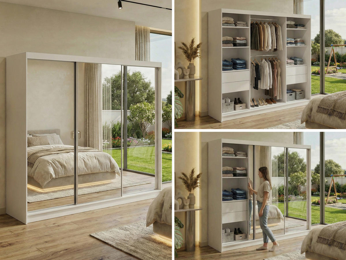 SCHWEBETÜRENSCHRANK mit Schubladen 240 - DUBROWNIK - Weiß mit Spiegel - Alufarben/Weiß, Holzwerkstoff/Metall (240/216/61cm) - MKS
