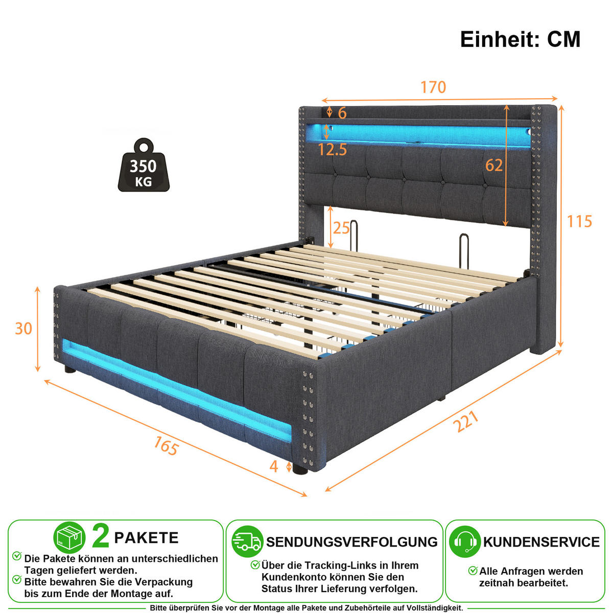 ČALOUNĚNÁ POSTEL 160/200 cm v šedé barvě s LED, USB a úložným prostorem - šedá, kov/kompozitní dřevo (160/200cm) - CHICFURN