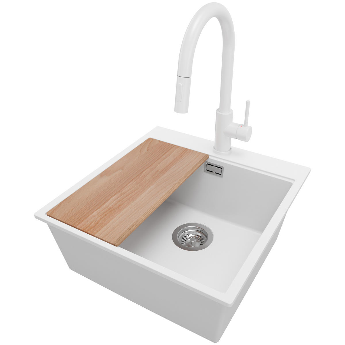 GRANITSPÜLE Oslo, 2-er set Weiß 48/50 cm 1 Becken + Küchenarmatur 40/20 cm + Ablauf-Set + Schneidebrett ab 50er Unterschrank - Chromfarben/Beige, Kunststoff (48/20/50cm) - Primagran