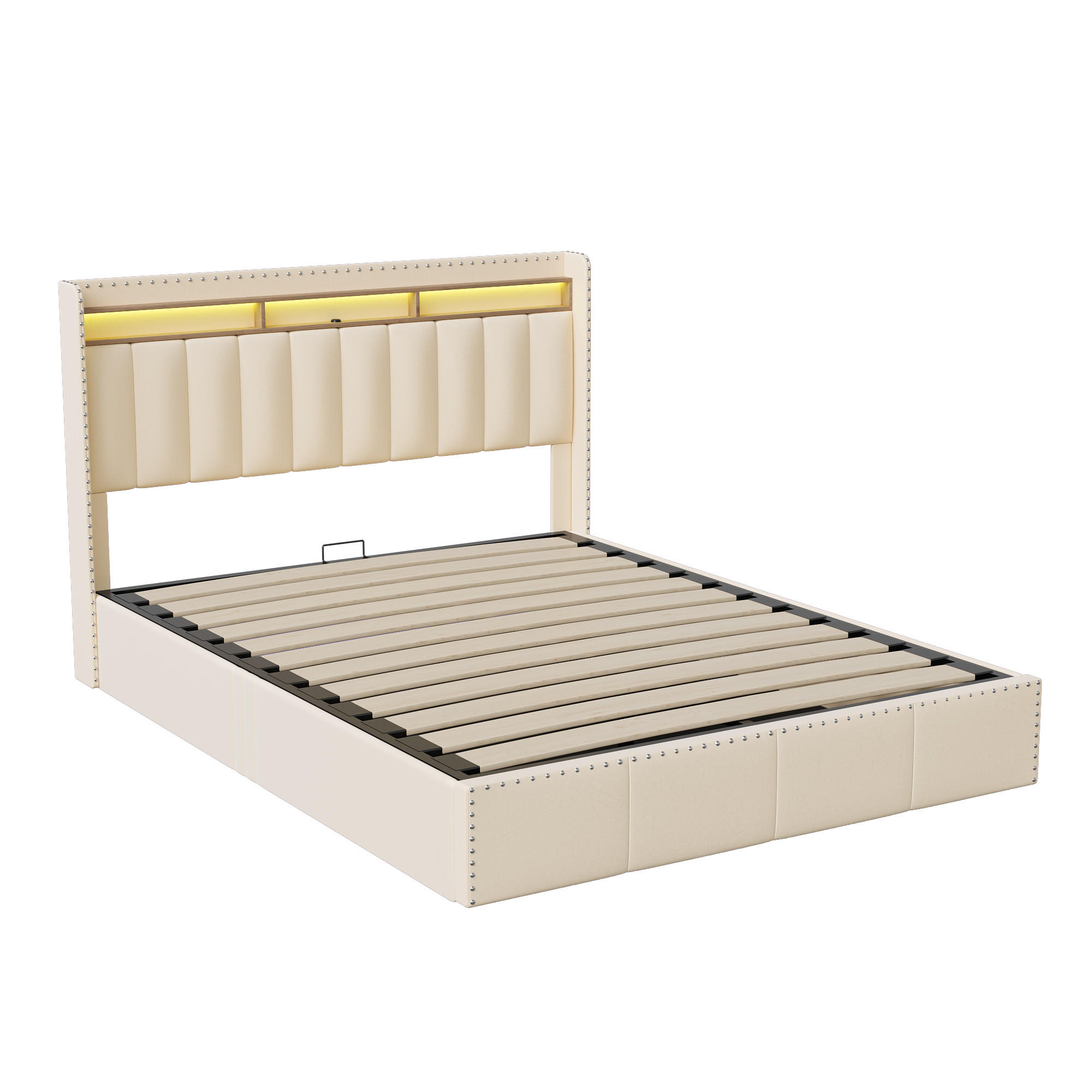POLSTERBETT 160x200 cm, Beige, Boxspringbett mit Stauraum, 2 USB, LED - Beige, Textil/Metall (160/200cm)
