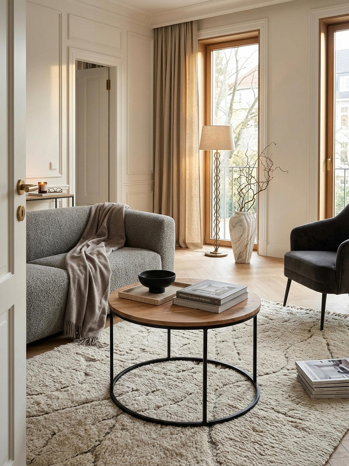 COUCHTISCH Naturholz mit stabiler Konstruktion und runder Ablage, Belastbarkeit 50 kg - Beige/Schwarz, Holz/Metall (60/60/43cm) - KADIMA DESIGN