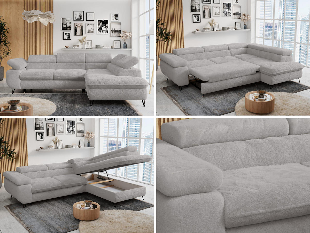 ECKSOFA PETER L Hellgrau Plüsch - Rechts Seite - Hellgrau/Schwarz, Textil/Metall (273/208cm) - MKS