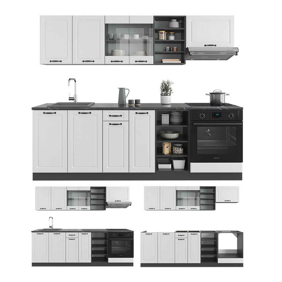 KÜCHENZEILE R-Line Weiß Landhaus/Anthrazit 240 cm, AP Eiche - Anthrazit/Creme, Holzwerkstoff (240/81.6/60cm) - Vicco
