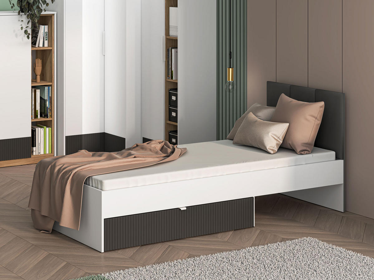 BETT Torino Weiß / Eiche Castello / Graphit 94 / 207 / 90cm - Weiß, Holz/Holzwerkstoff (90/200cm) - Feldmann-Wohnen