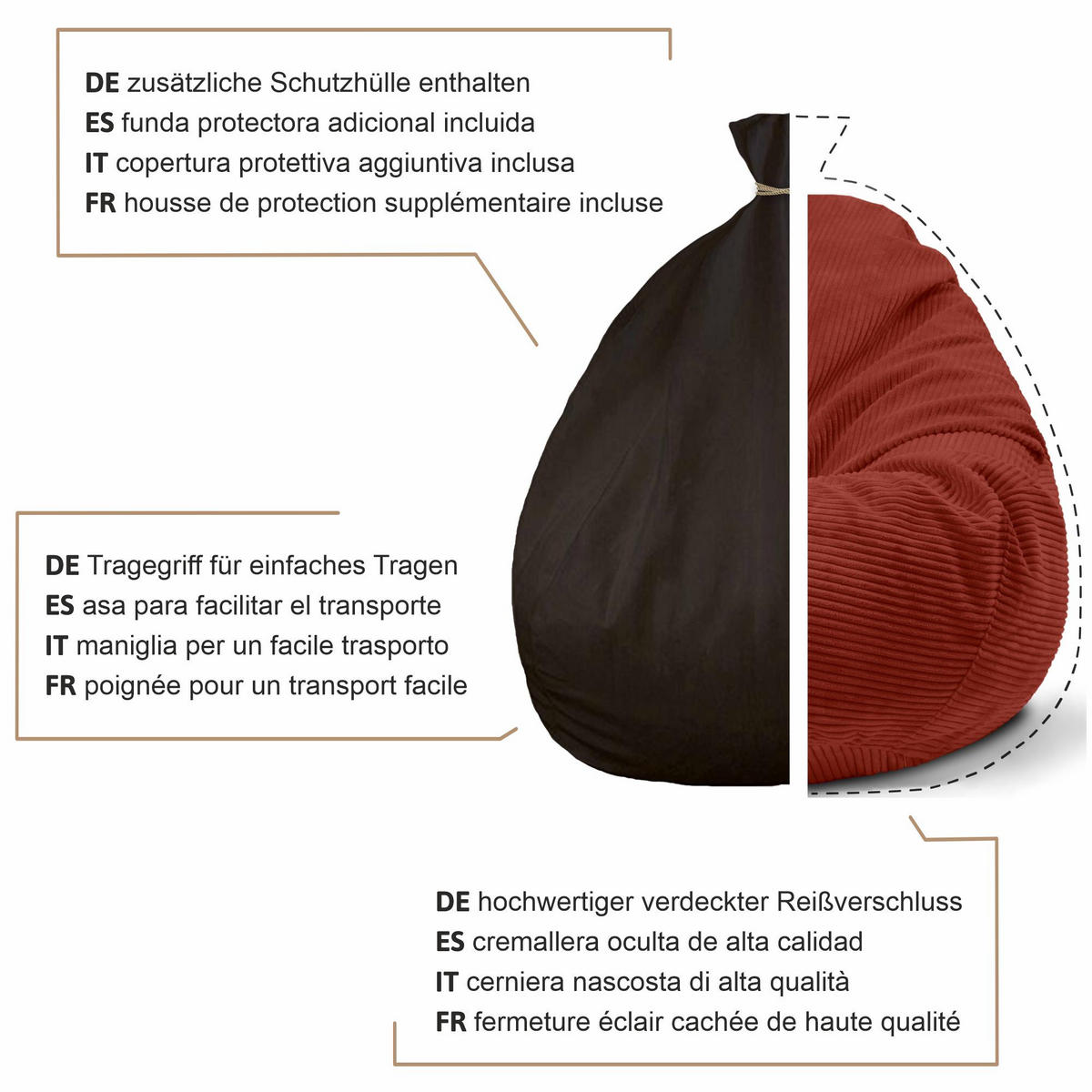 SITZSACK PARADISE MIT FUßSTÜTZE Kordsamt 2-tlg Fired Brick S - Bordeaux, Textil (70/70/70cm) - Dreamroots