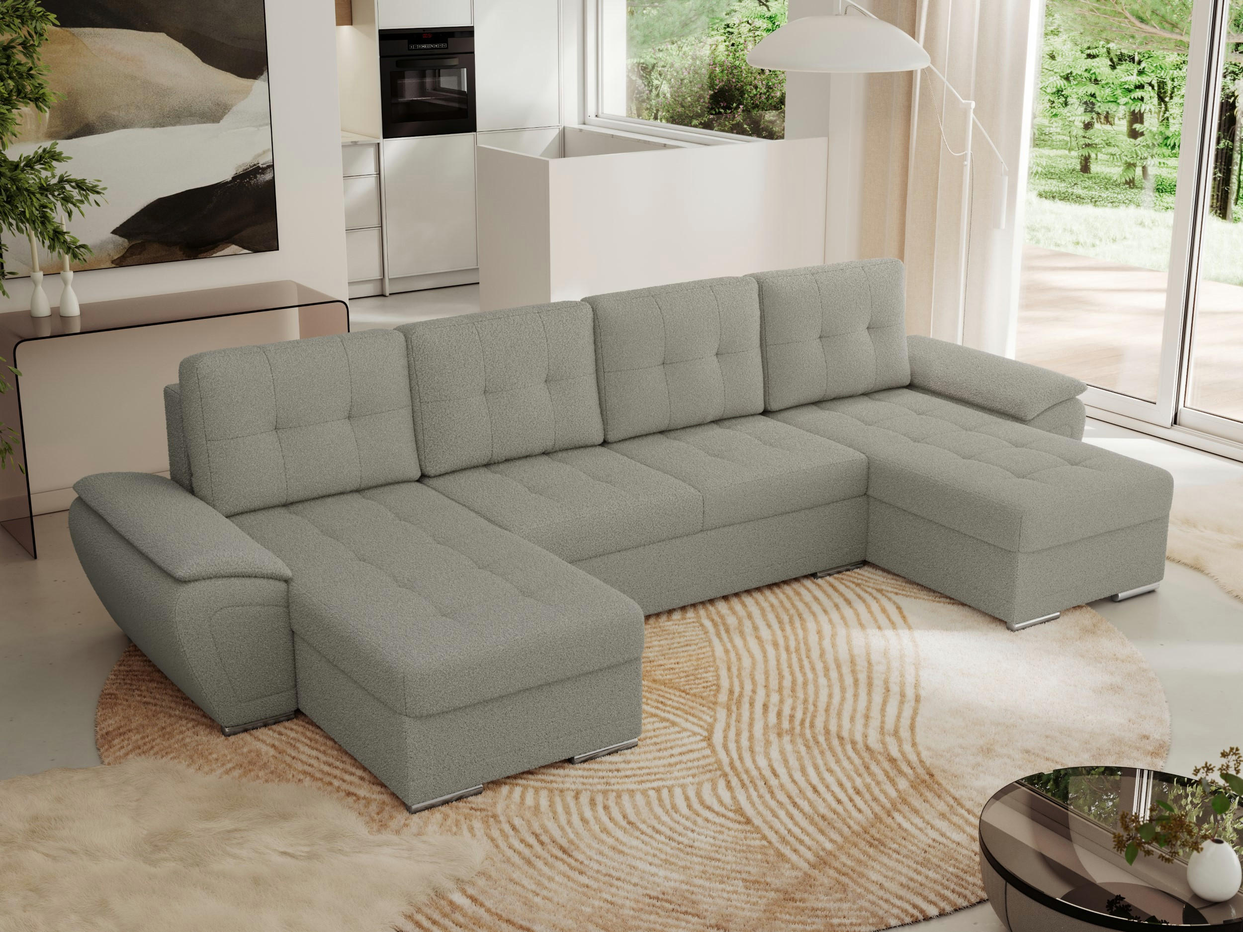 WOHNLANDSCHAFT UMBRIA U Hellgrau Boucle - Hellgrau/Grau, Textil/Metall (336/85/157cm) - MKS