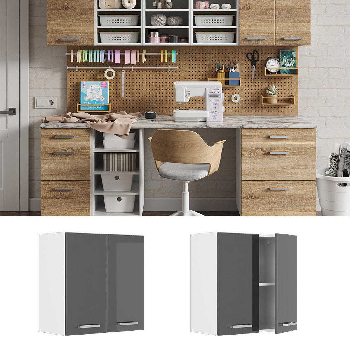 UNIVERZÁLNÍ NÁSTĚNNÁ SKŘÍŇKA R-Line Antracitový vysoký lesk - bílá/vysoce lesklá černá, kompozitní dřevo (60/60/31cm) - Vicco