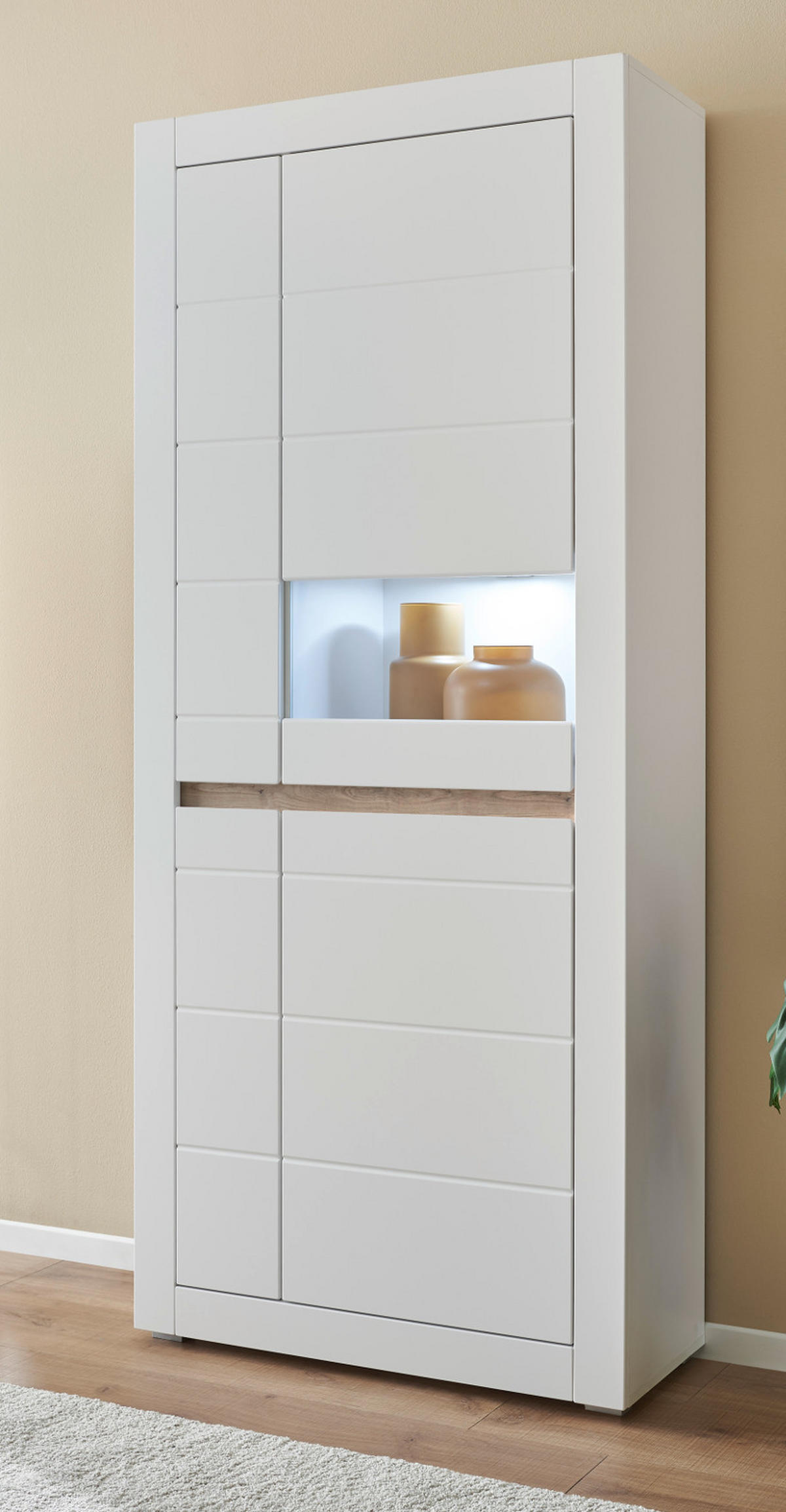 VITRINE weiß matt, Evoke Eiche, Vitrinenschrank 85 x 198 cm, Soft-Close-Funktion - Eichefarben/Silberfarben, Holzwerkstoff/Kunststoff (85/198/35cm) - Furn.Design