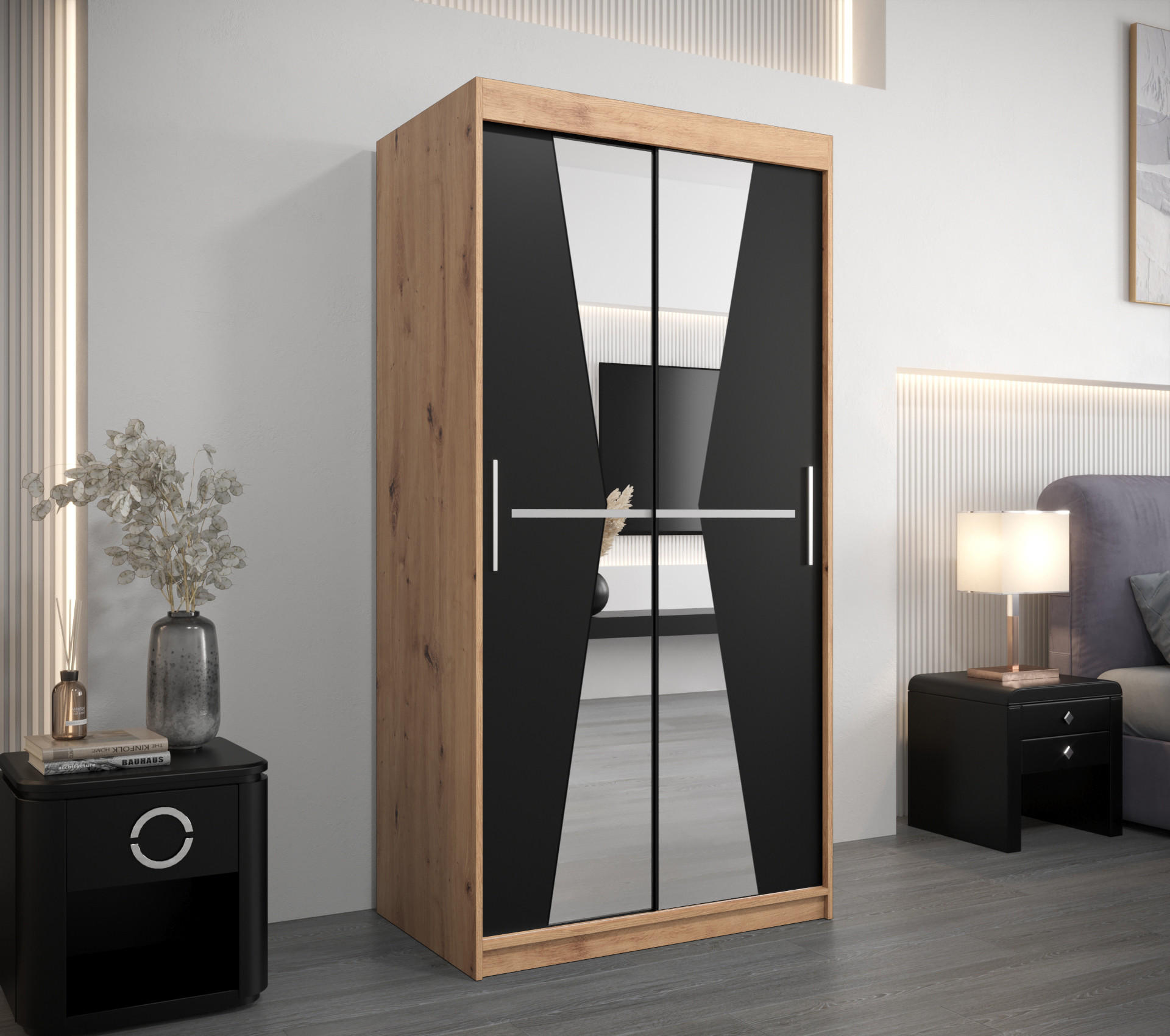 SCHWEBETÜRENSCHRANK 200/100/62 2-türig - Silberfarben/Schwarz, Holz/Kunststoff (100/200/62cm) - Abiks Möbel