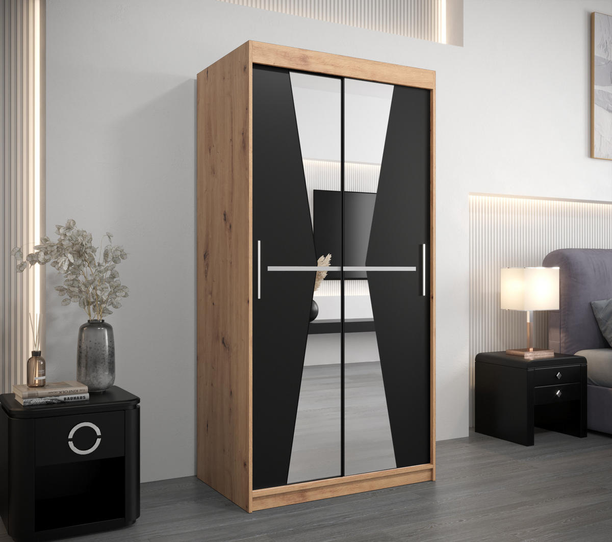 SCHWEBETÜRENSCHRANK 200/100/62 2-türig - Silberfarben/Schwarz, Holz/Kunststoff (100/200/62cm) - Abiks Möbel