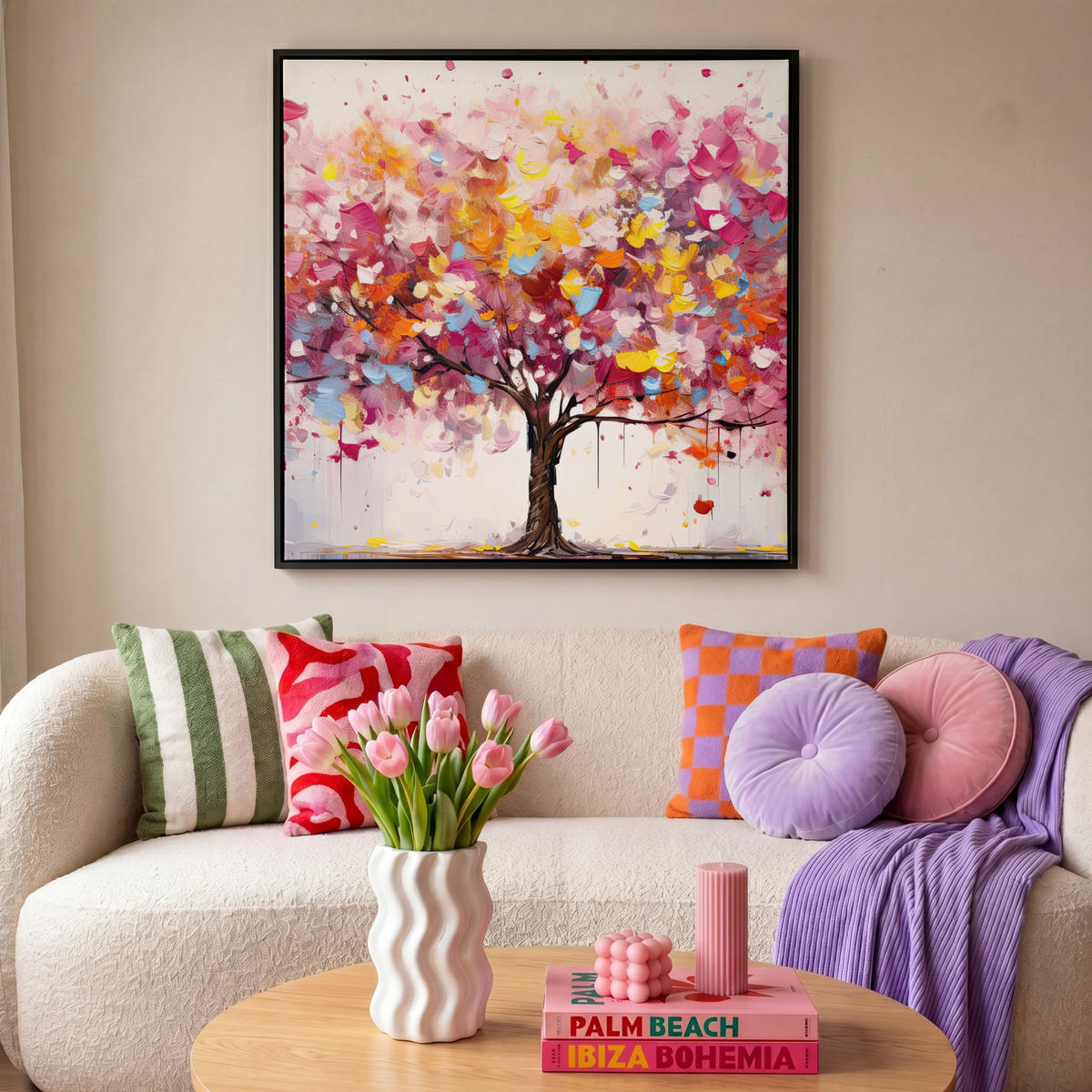 LEINWAND Bilder mit Rahmen - Aquarell - Baum - Kunst - Abstrakt - 90x90 - Multicolor, Textil (90/90cm) - MuchoWow