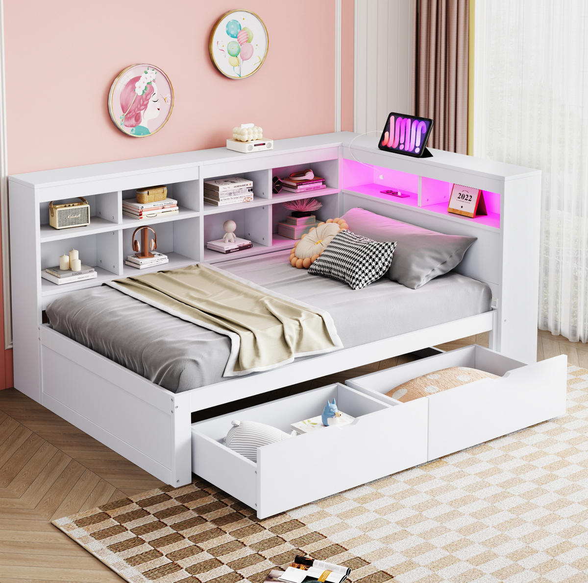 POSTEĽ z masívneho dreva, 90/200 cm biela, s úložným priestorom a LED - biela, kompozitné drevo (90/200cm) - BEAOK