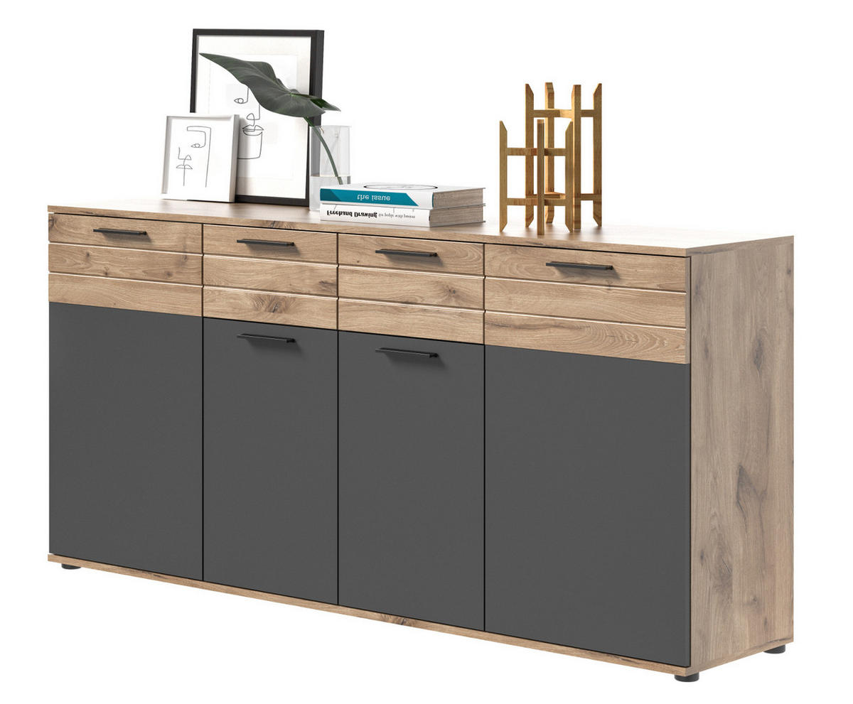 SIDEBOARD Eiche, grau 180 cm, Kommode mit Soft-Close, Wohn- und Esszimmermöbel - Eichefarben/Schwarz, Holzwerkstoff/Kunststoff (180/87/40cm) - Inn.Furn