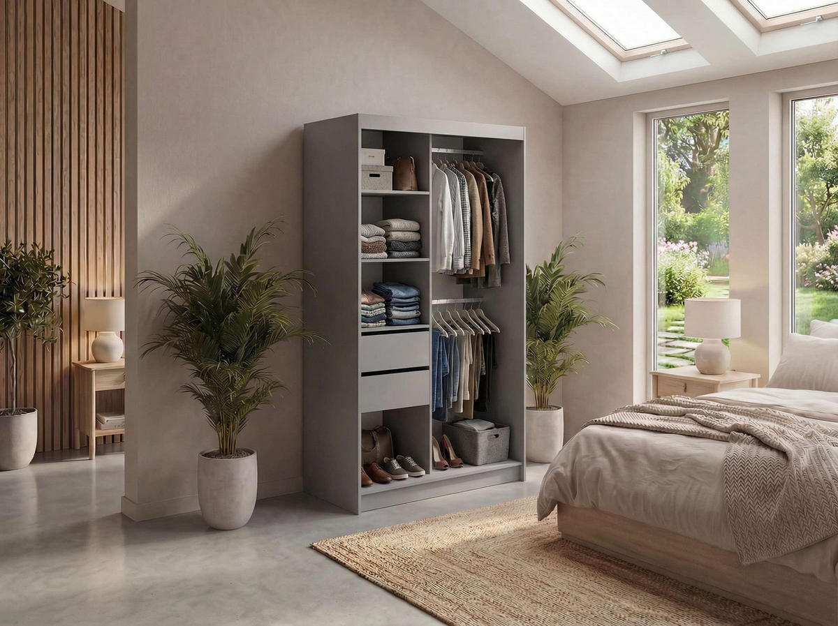 SCHWEBETÜRENSCHRANK mit Spiegel und Schubladen - WALENCJA - 120 - Grau lacobel - Alufarben/Grau, Holzwerkstoff/Metall (120/216/61cm) - MKS