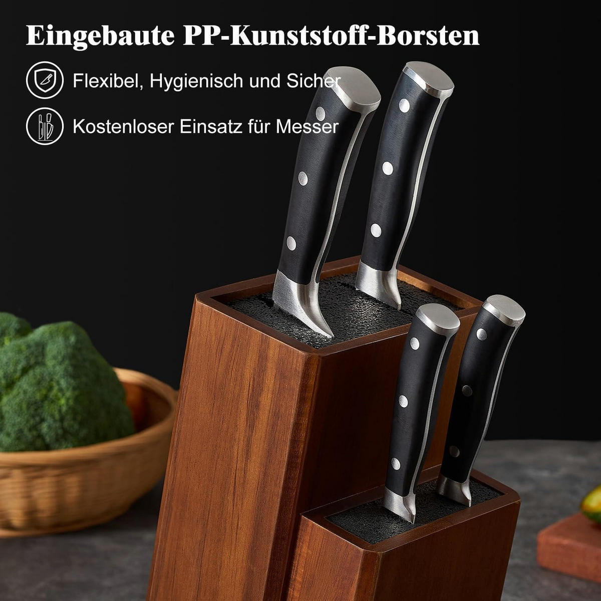 MESSERBLOCK aus Akazienholz mit Kunststoffborsten, 2-stöckig - Braun, Holz (14/26.4/14cm)