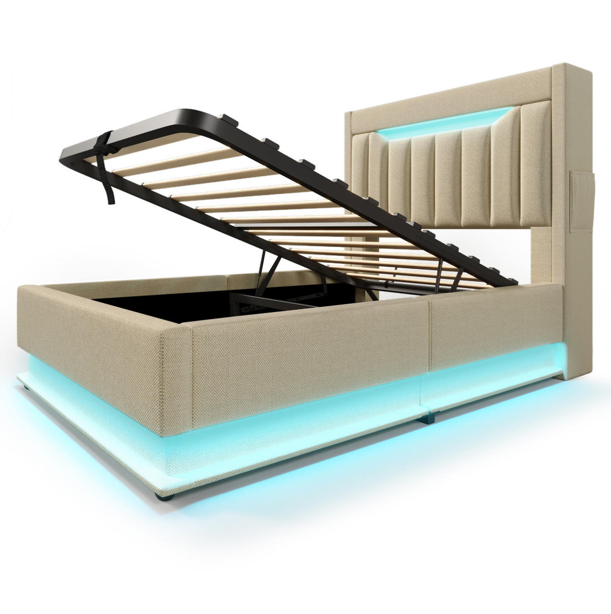 POLSTERBETT mit Stauraum 90x200 cm Leinen Beige mit LED und USB - Beige, Metall (90/200cm) - Meubliv