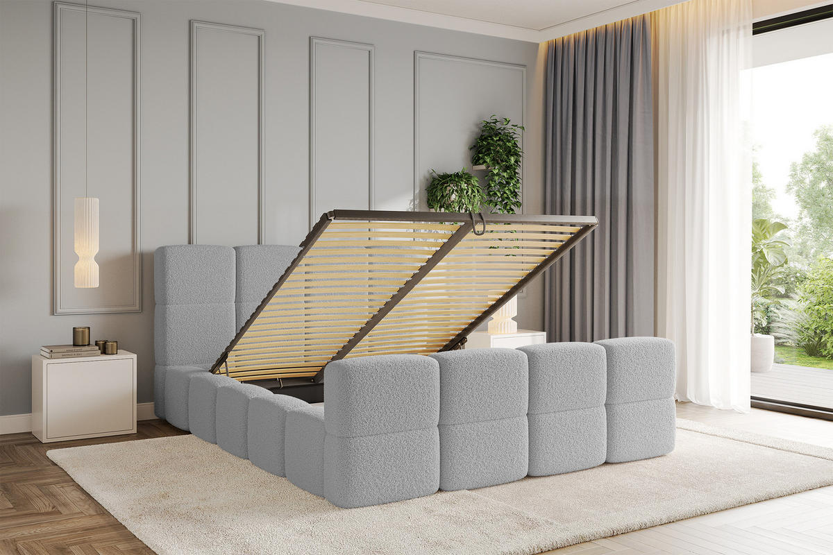 POLSTERBETT mit Bettkasten und Lattenrost mit Matratze H3/H4, Kopfteil, Boxbett, mit Stauraum - NATA-Z 160x200 Hellgrau - Hellgrau, Holzwerkstoff/Textil (160/200cm) - ALTDECOR