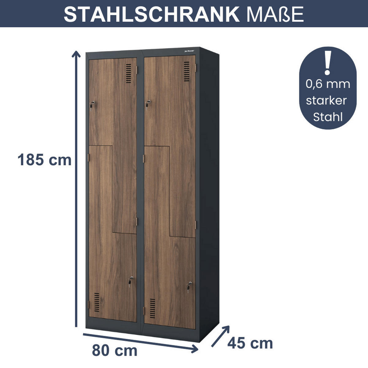 UMKLEIDESCHRANK Spind OSLO 4 Abteile 185x80x45cm Anthrazit-Nussbaum - Anthrazit, Metall (80/185/45cm) - DELUKE