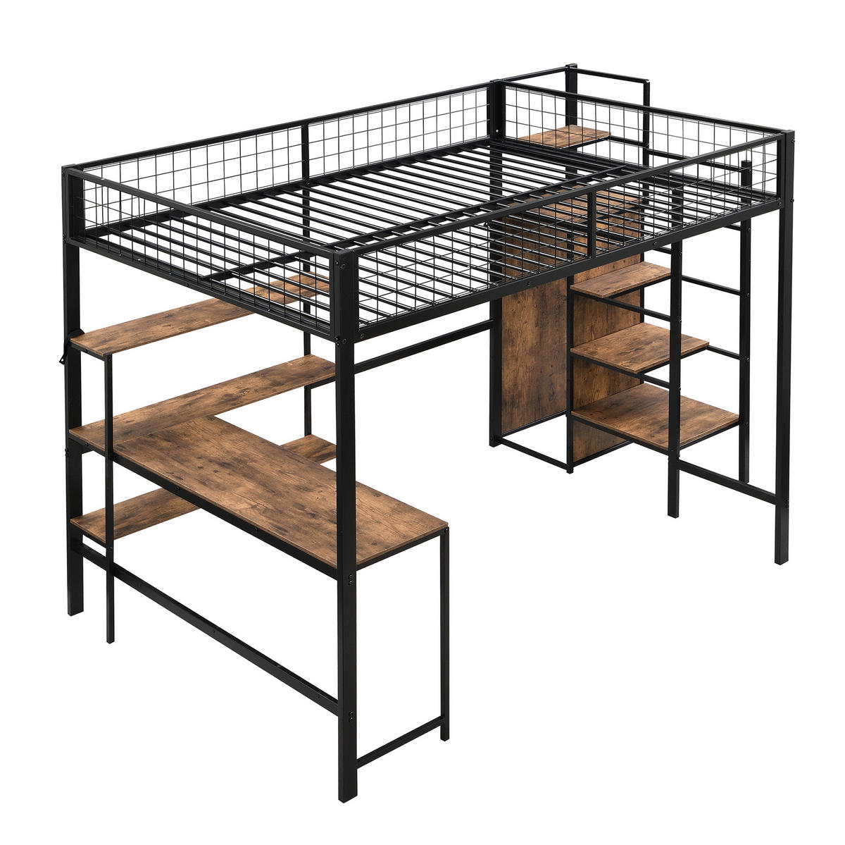 HOCHBETT 140/200 cm mit Schreibtisch, Regalen, Kleiderschrank und Leiter aus Metall/MDF, Schwarz/Braun - Schwarz, Metall (140/200cm) - Redom