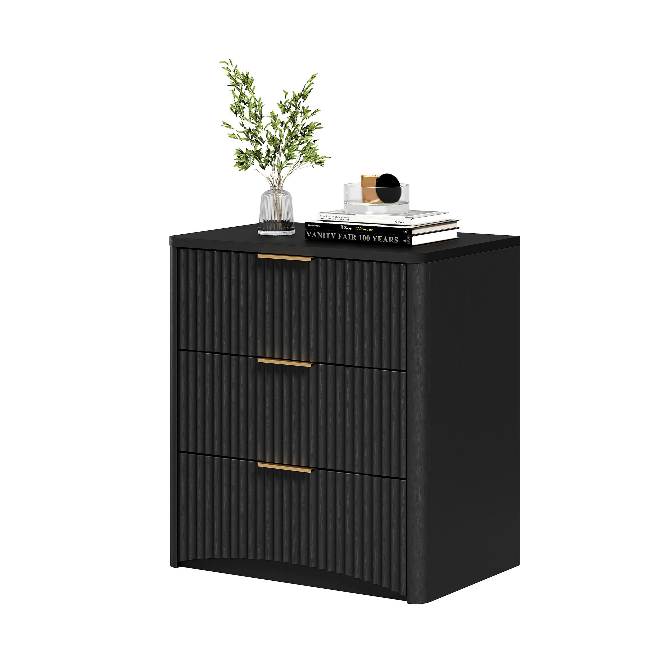 NACHTTISCH 58/38/64 cm Schwarz aus MDF mit 3 Schubladen - Schwarz, Holzwerkstoff (38/64/58cm) - OKWISH