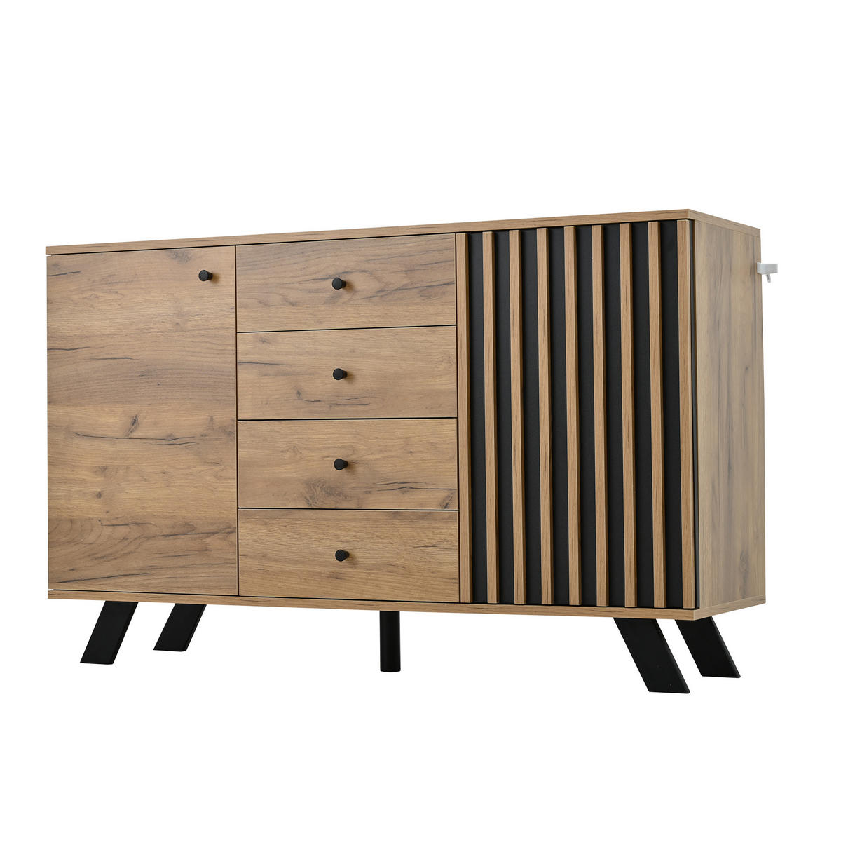 KOMODA za dnevno sobo 120/38/75 cm s 4 predali in 2 omaricama, MDF in masiven les, Črna/naravna - črna, leseni material (120/75/38cm) - Redom