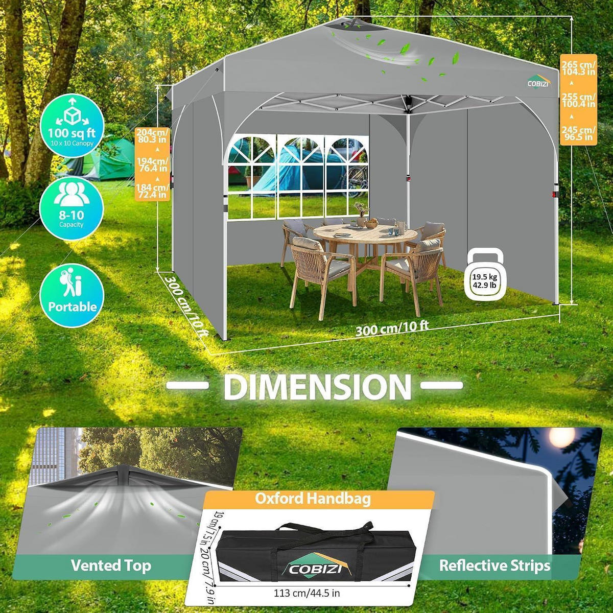 FALTPAVILLON 3x3m Grau mit 3 Seitenteilen - Grau, Textil (300/204/204cm)