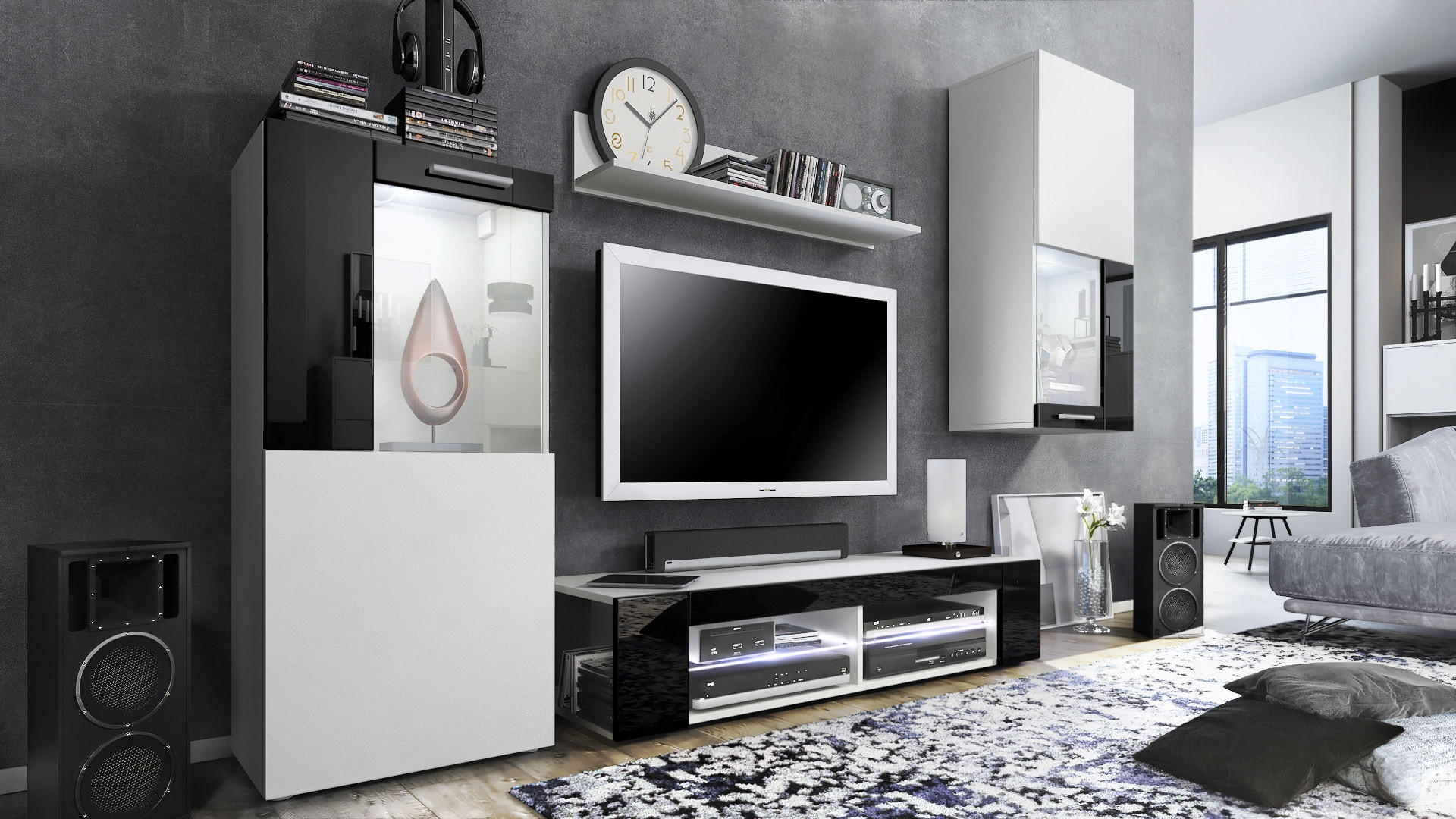 Vladon Wohnwand Schwarz Hochglanz 300x190x39 cm