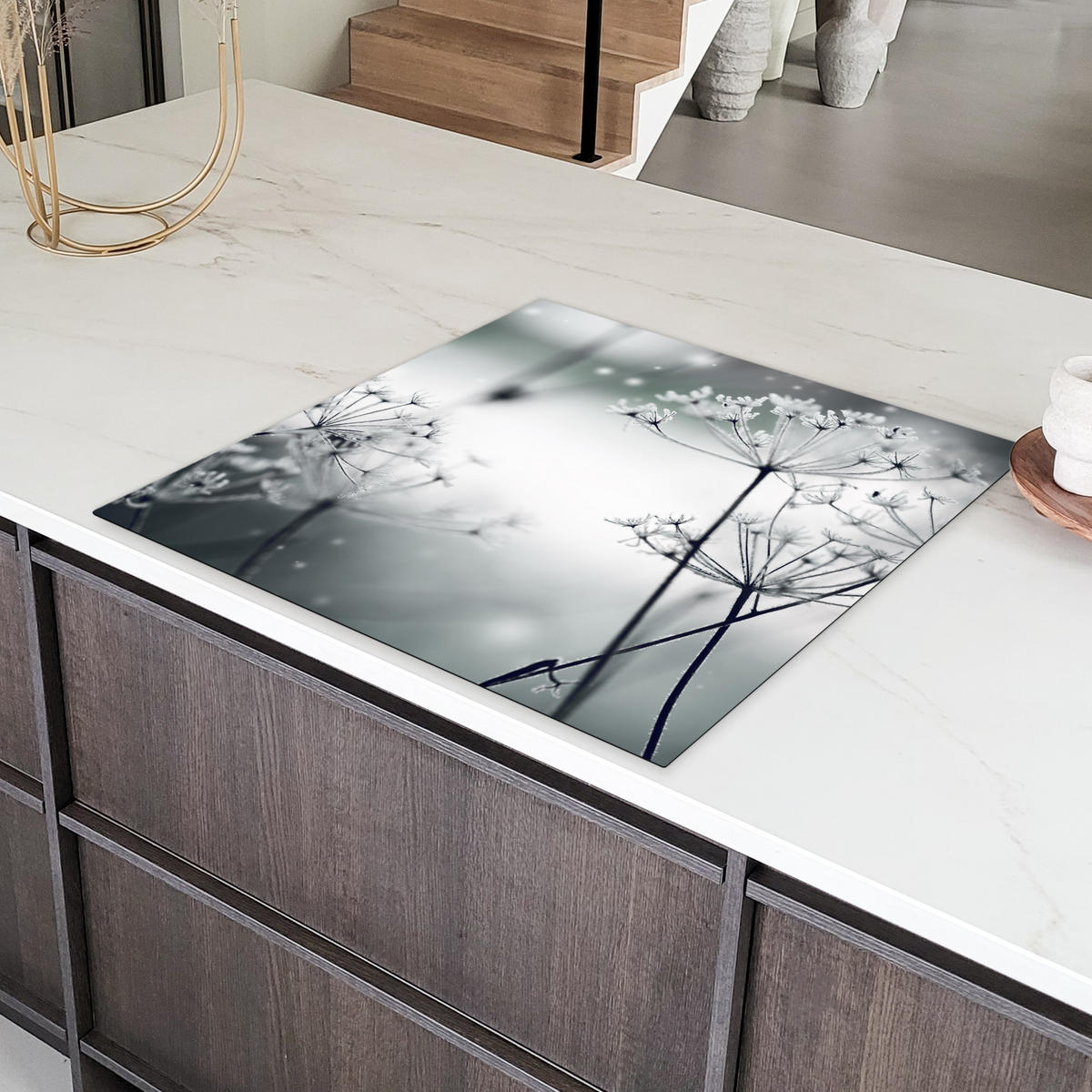 HERDABDECKPLATTE Blumen - Winter - Schnee - Natur Induktionsmatte 78x78 cm - Grau, Kunststoff (78/78/0.2cm) - MuchoWow