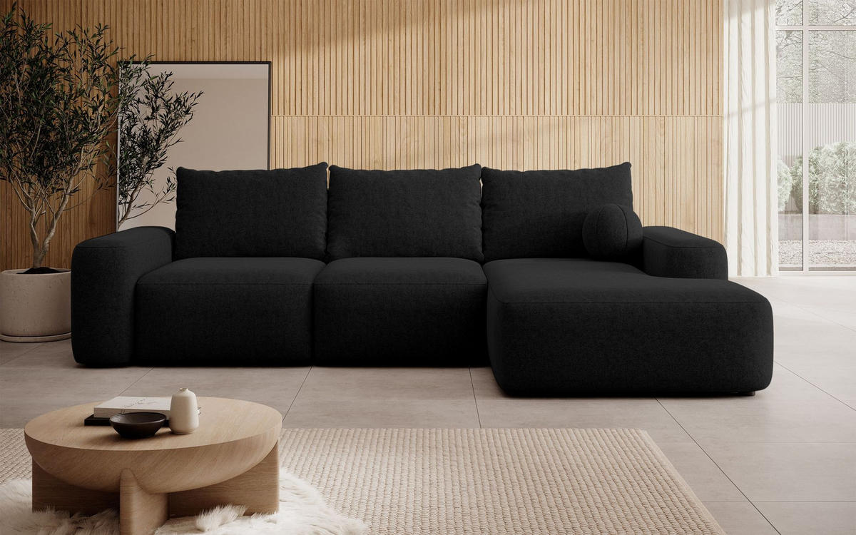 ECKSOFA Carnos mit Ballkissen, Schwarz Chenille, rechtsseitig - Schwarz, Kunststoff/Textil (264/162cm) - Selsey
