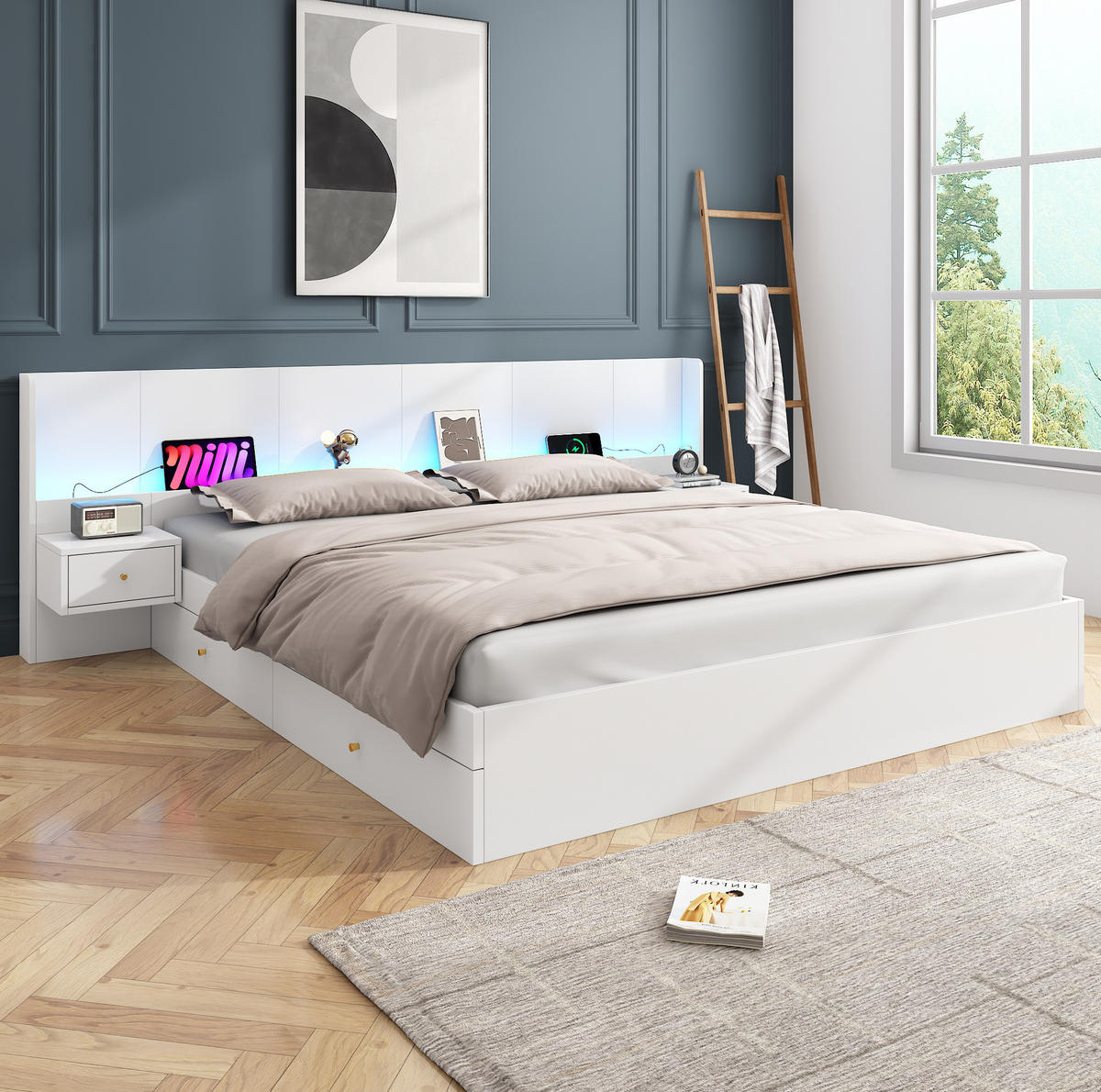 DOPPELBETT 180/200 cm in Weiß mit LED, USB, Steckdose, 2 Nachttischen & Schubladen - Weiß, Holzwerkstoff (180/200cm) - BEAOK