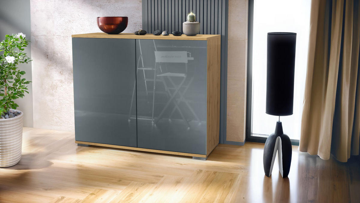 KOMMODE Skadu Grau Hochglanz - Grau, Holzwerkstoff (92.5/75.5/35cm) - Vladon