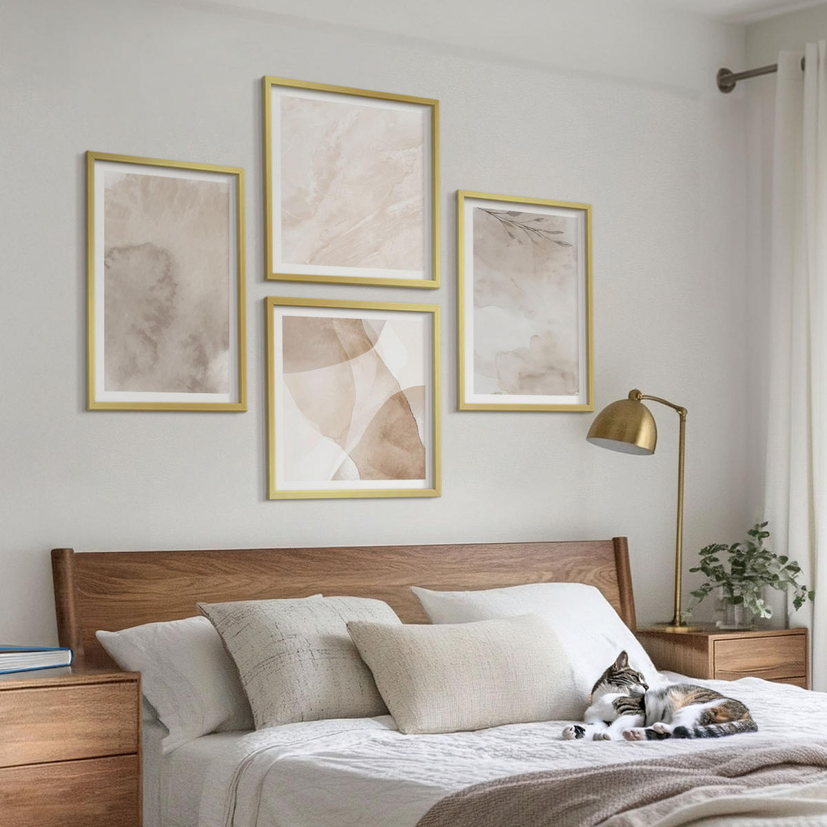 WANDBILDER 4er Set - 50x50 cm & 40x60 cm Goldrahmen - Aquarellfarben, Boho-Texturen - Goldfarben, Kunststoff (50/50cm) - ArtPrintCave
