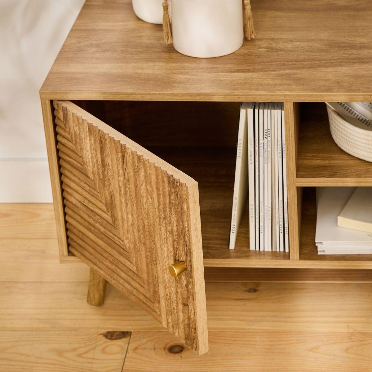 TV-MÖBEL 2 Türen mit Fronten in Lamellenoptik in L-Form Eden 140/40/45 cm - Eschefarben, Holzwerkstoff (40/45/48cm) - Calicosy