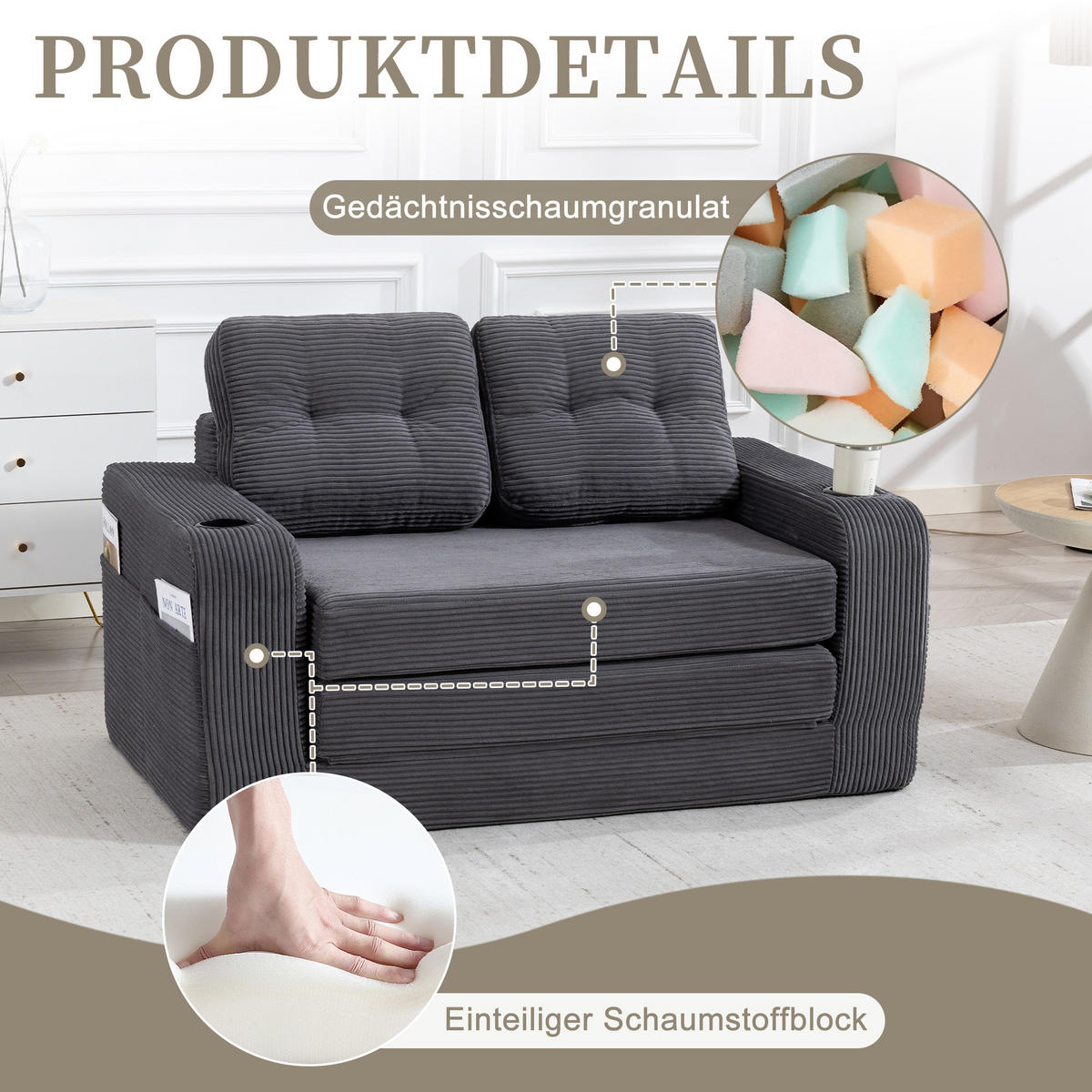 SCHLAFSOFA in Grau Cord mit Getränkehalter und Seitentaschen - Grau, Textil (136/82.5/80cm) - Oxeza