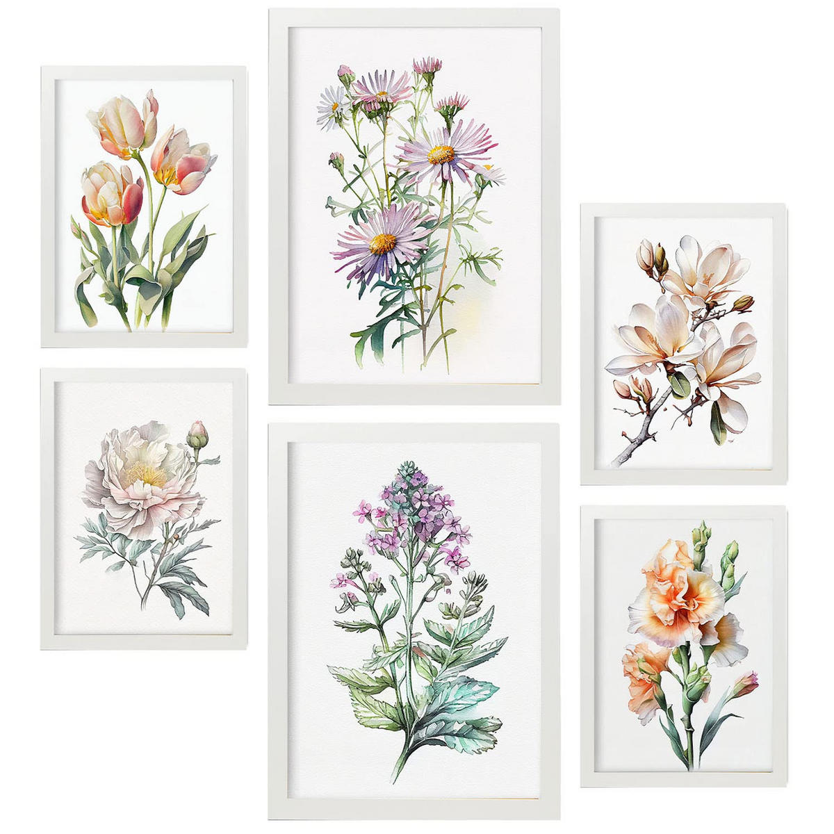 POSTER Set Mit 6 Blumenstrauß Größe A3 & A4 Weißer Rahmen - Weiß, Papier (29.7/1cm) - Nacnic
