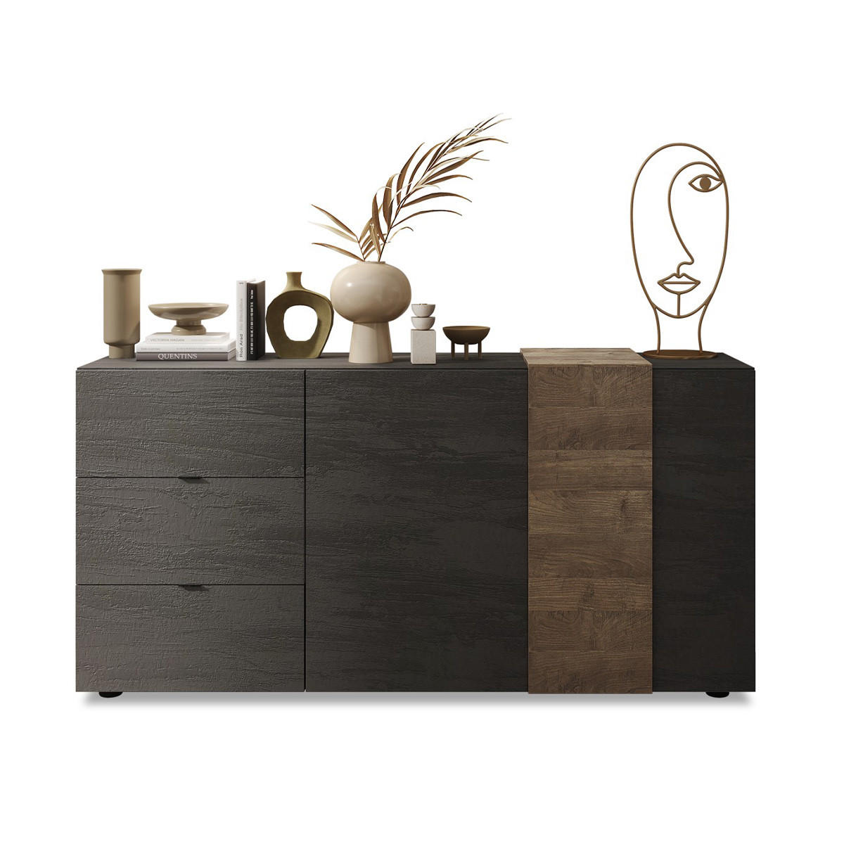 BUFFET 2 Türen 3 Schubladen L181 cm - Pluton - Nussbaumfarben, Holzwerkstoff (44/84/181cm) - Calicosy