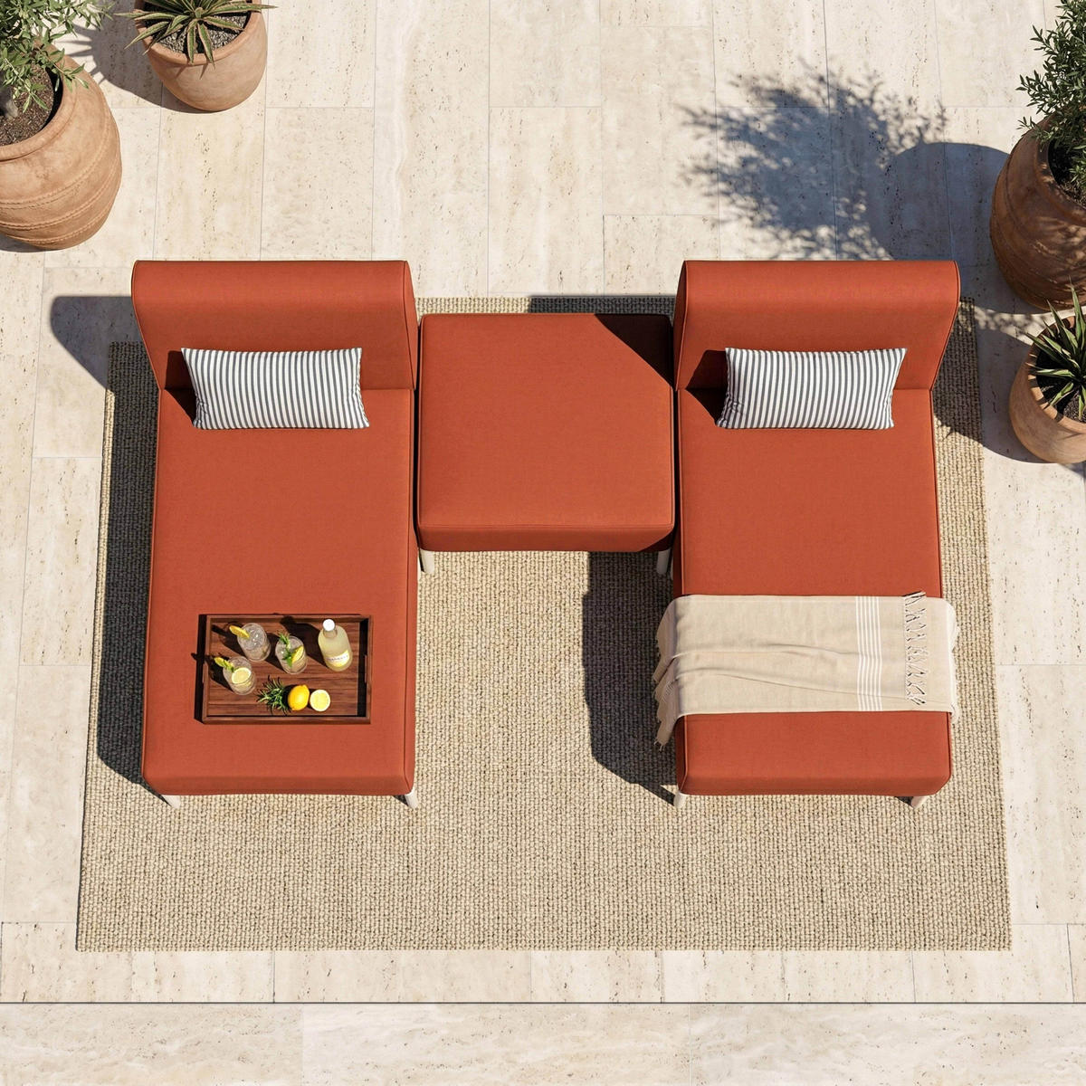 GARTENSOFA mit 3 Sitzplätzen, Terrakotta - Rot, Textil (128/78/144cm) - Oviala