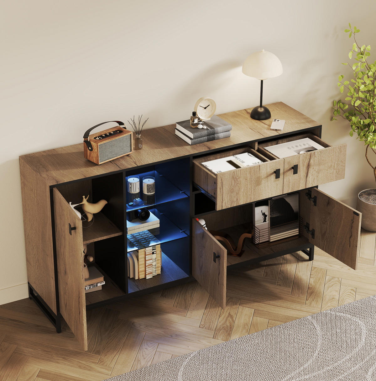 SIDEBOARD 160/40/84,5 cm mit LED-Beleuchtung, Glasregalen und verstellbarem Einlegeboden, Natur - Naturfarben, Holzwerkstoff (160/84.5/40cm) - Redom