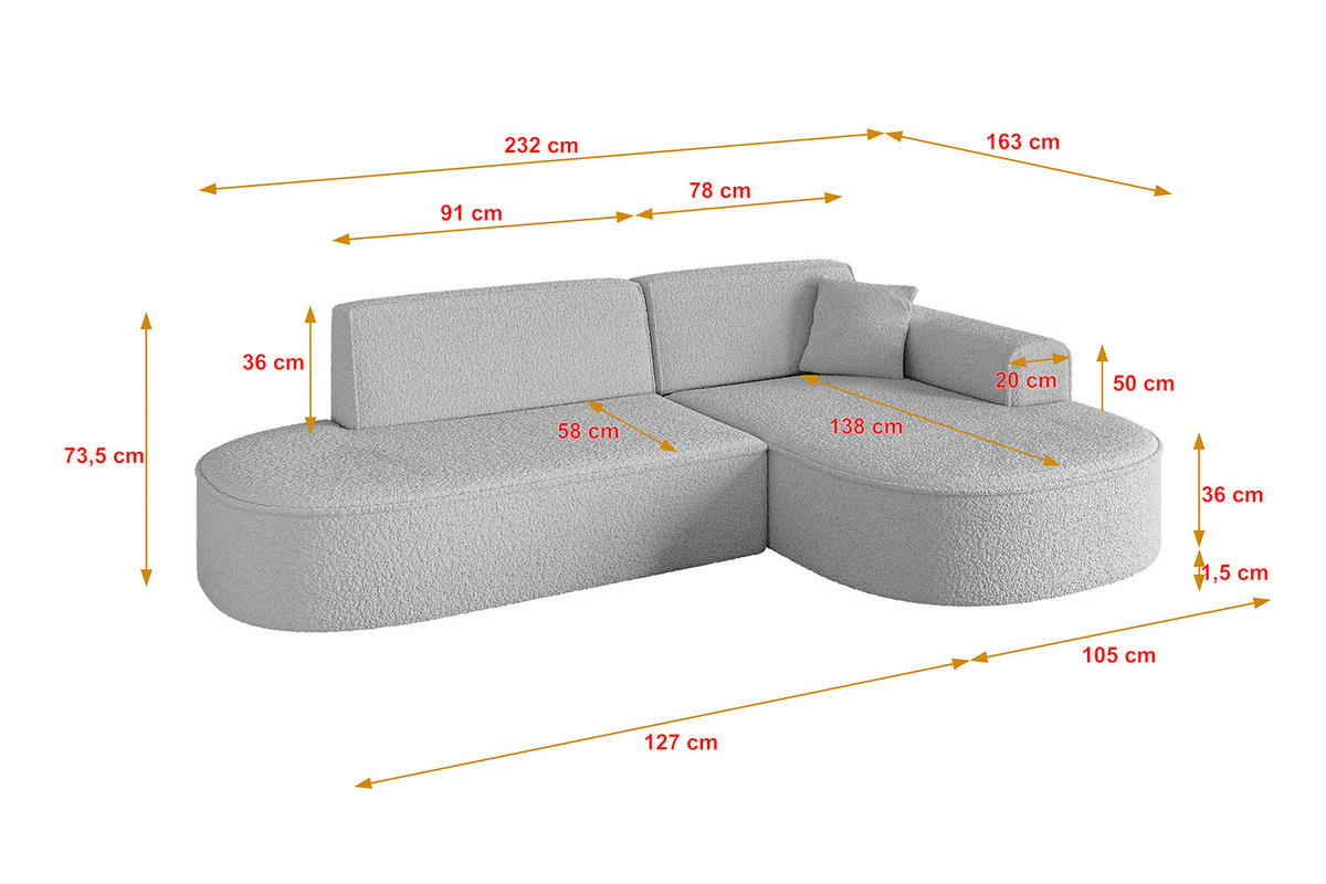 ECKSOFA Ottomane Rechts MARI-L1 - 232x163x73,5 cm Hellgrau Bouclé - Hellgrau/Schwarz, Holzwerkstoff/Kunststoff (234/163cm) - ALTDECOR