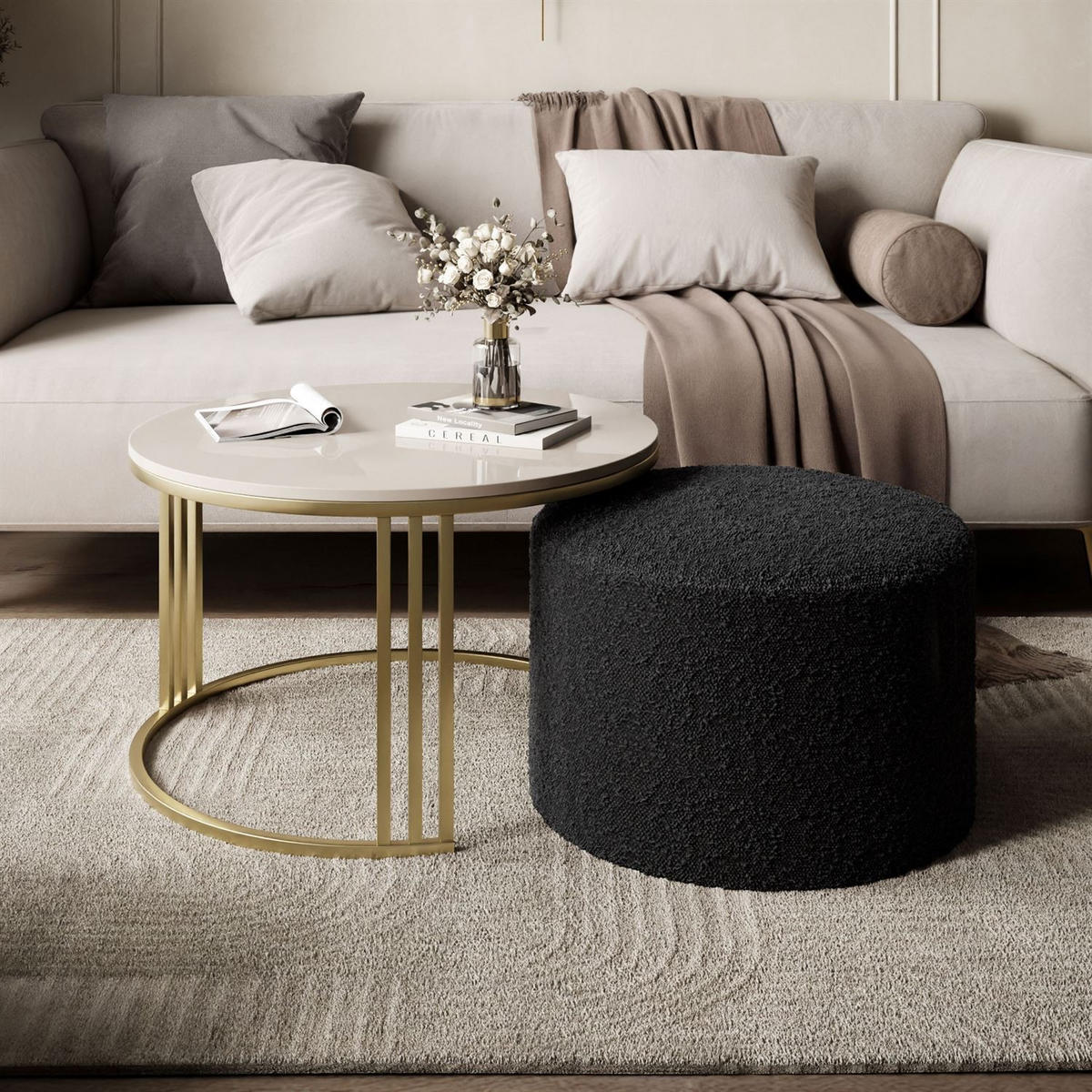 COUCHTISCH mit Hocker LORI Hochglanz gebürstetes Gold/glänzender Kaschmir/Coral 60 - Kaschmir, Metall (70/70/49cm) - Lookway