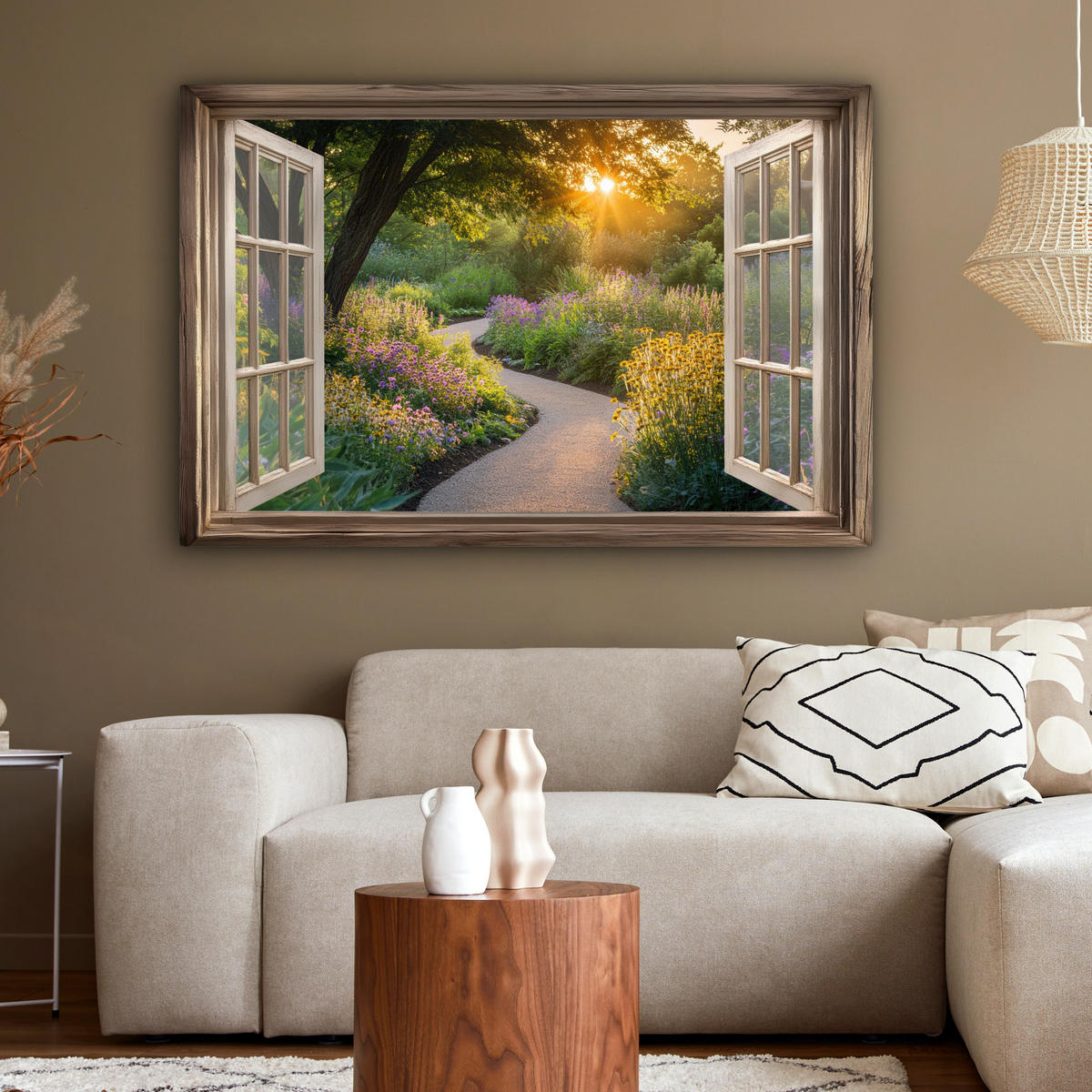 LEINWANDBILD Aussicht - Blumen - Natur - Sonne - Weg XXL 150x100 cm - Hellgelb, Textil (150/100cm) - MuchoWow