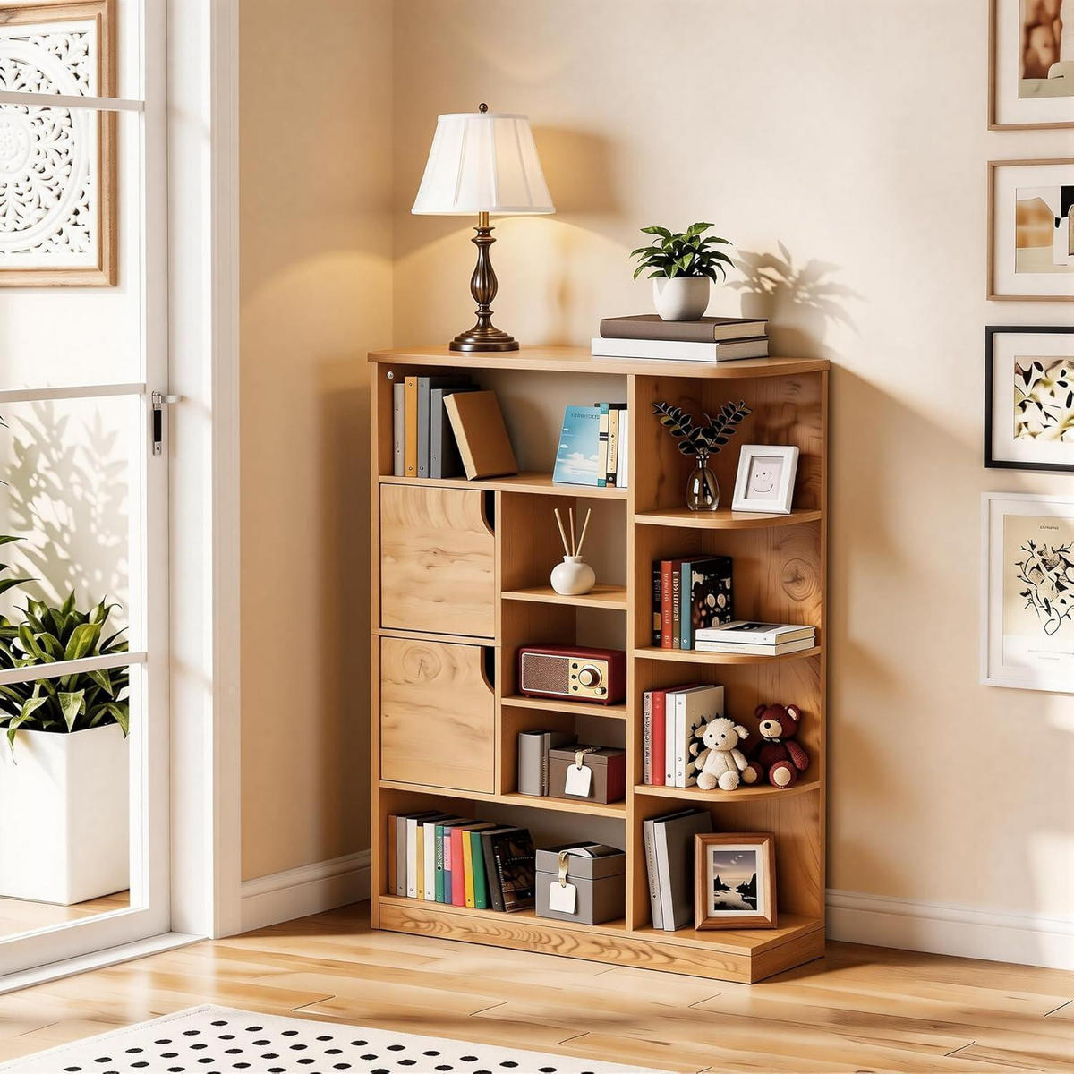 BÜCHERREGAL mit 9 offenen Regalböden und 2 Türen Eichenfarbe 80 x 24 x 120 cm - Braun, Holzwerkstoff (24/80/120cm)