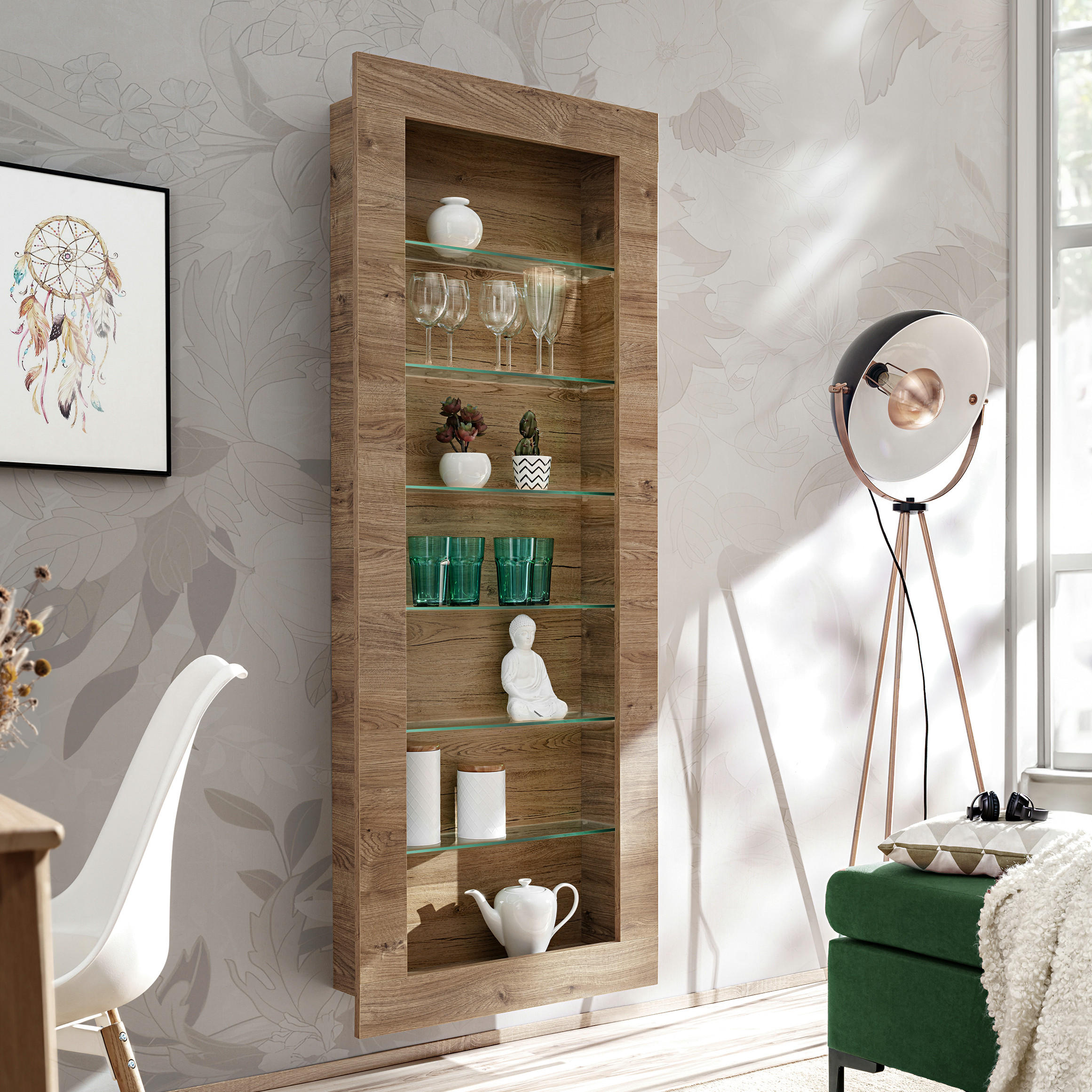 HÄNGEVITRINE COMO, sechs Glasböden, Honigeiche/Trüffeleichefarben - Honigeiche/Trüffeleichefarben, Glas/Holzwerkstoff (71/178/19cm) - Komodee
