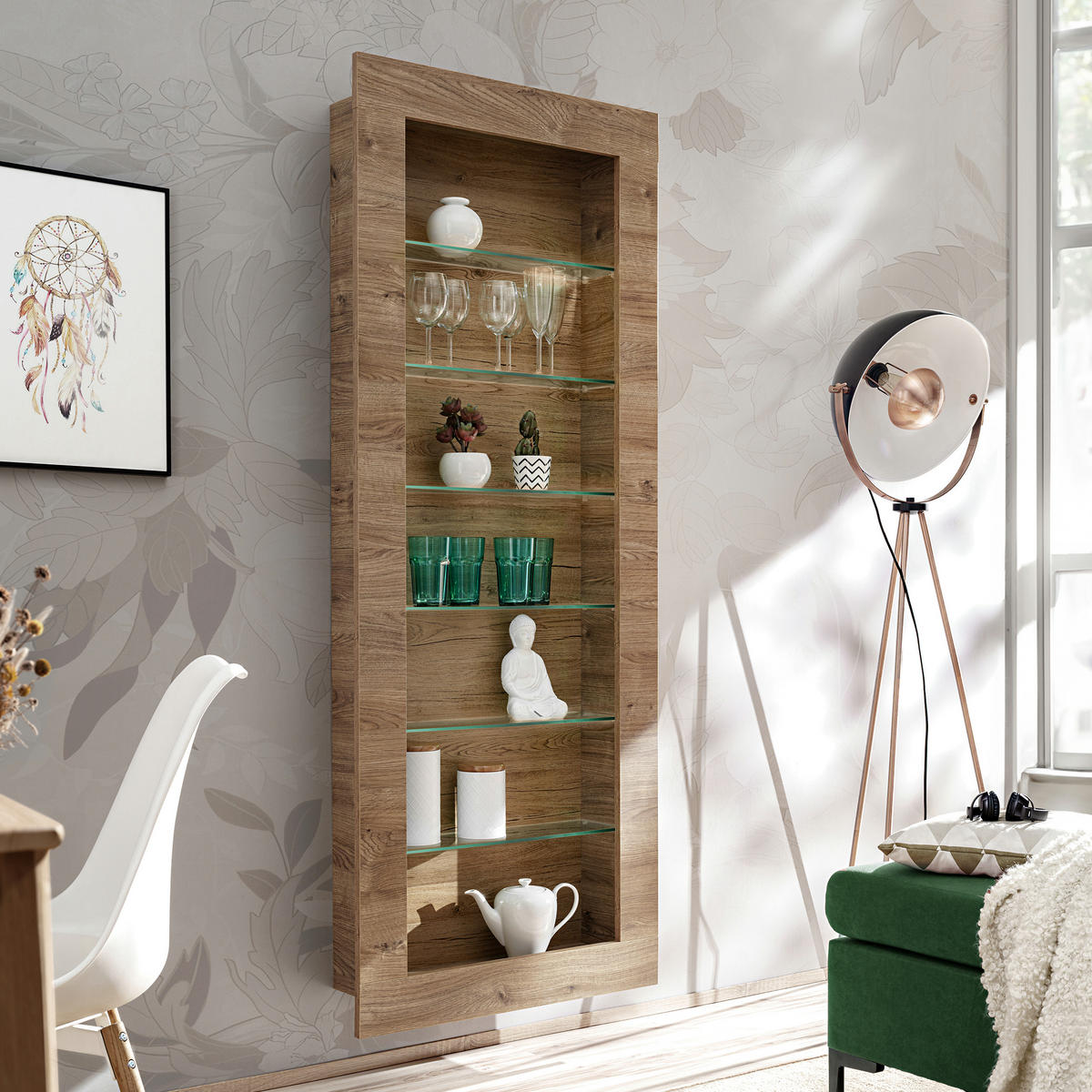 HÄNGEVITRINE COMO, sechs Glasböden, Honigeiche/Trüffeleichefarben - Honigeiche/Trüffeleichefarben, Glas/Holzwerkstoff (71/178/19cm) - Komodee