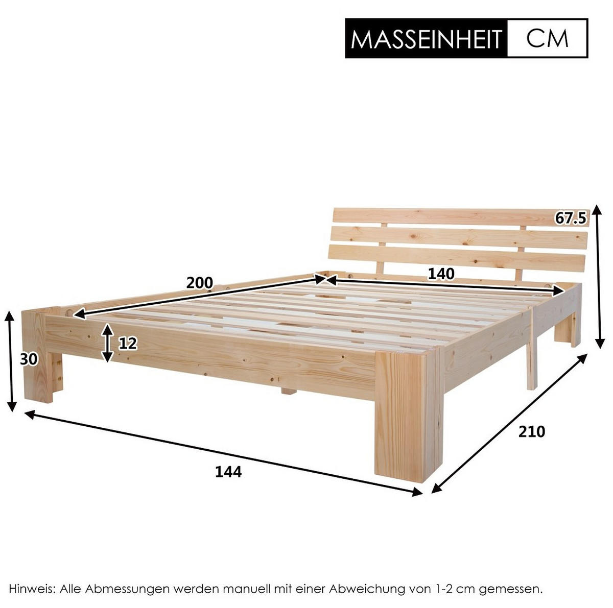 HOLZBETT 140/200 cm mit Kopfteil aus Massivholz Kiefer – inkl. Lattenrost - Naturfarben, Holz (140/200cm) - BEAOK